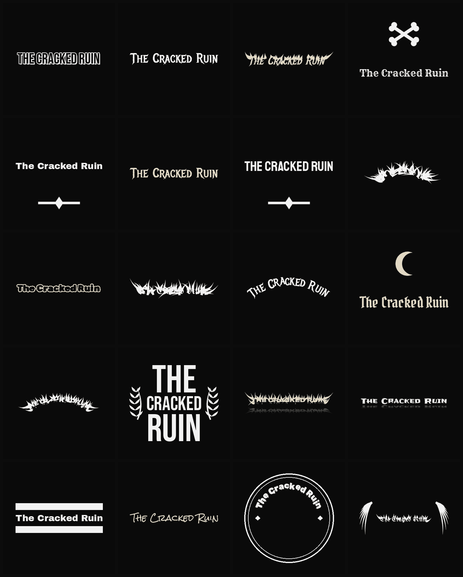 Twenty The Cracked Ruin band logo ideas — different faces, treatments and spike settings