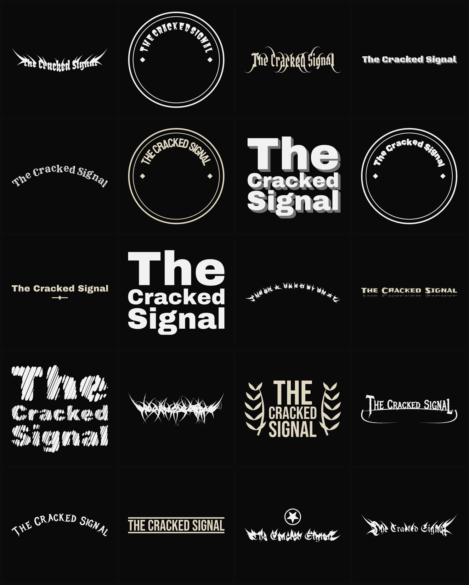 Twenty The Cracked Signal band logo ideas — different faces, treatments and spike settings