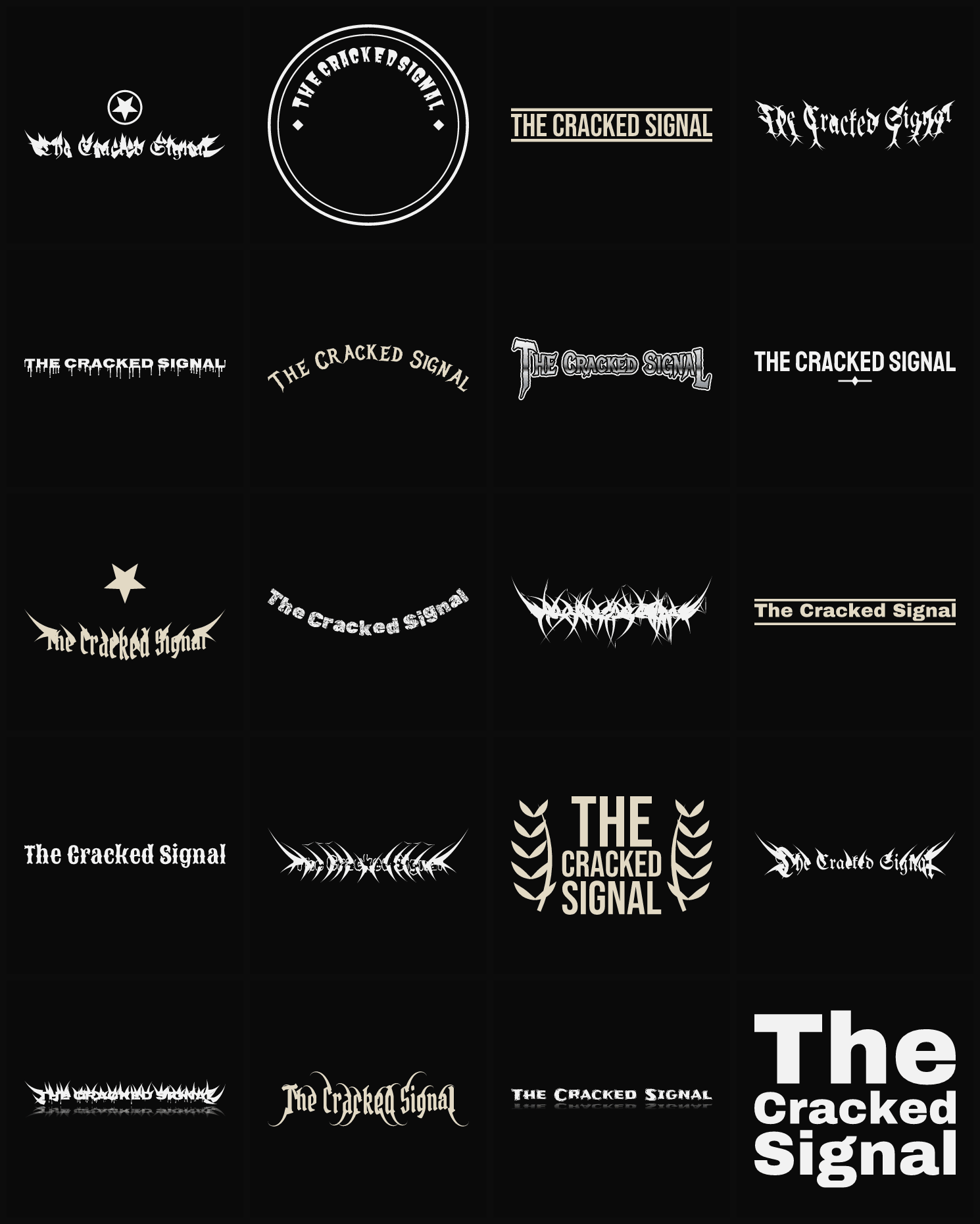 Twenty The Cracked Signal band logo ideas — different faces, treatments and spike settings