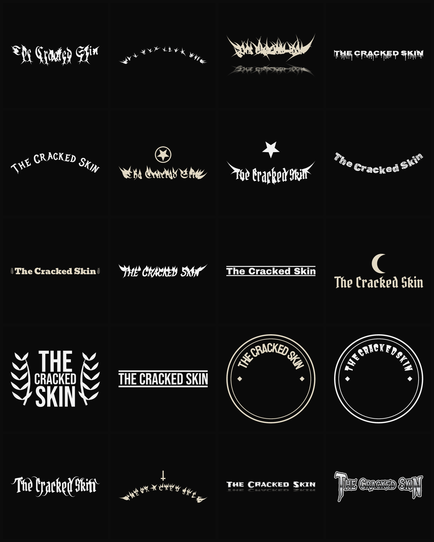Twenty The Cracked Skin band logo ideas — different faces, treatments and spike settings