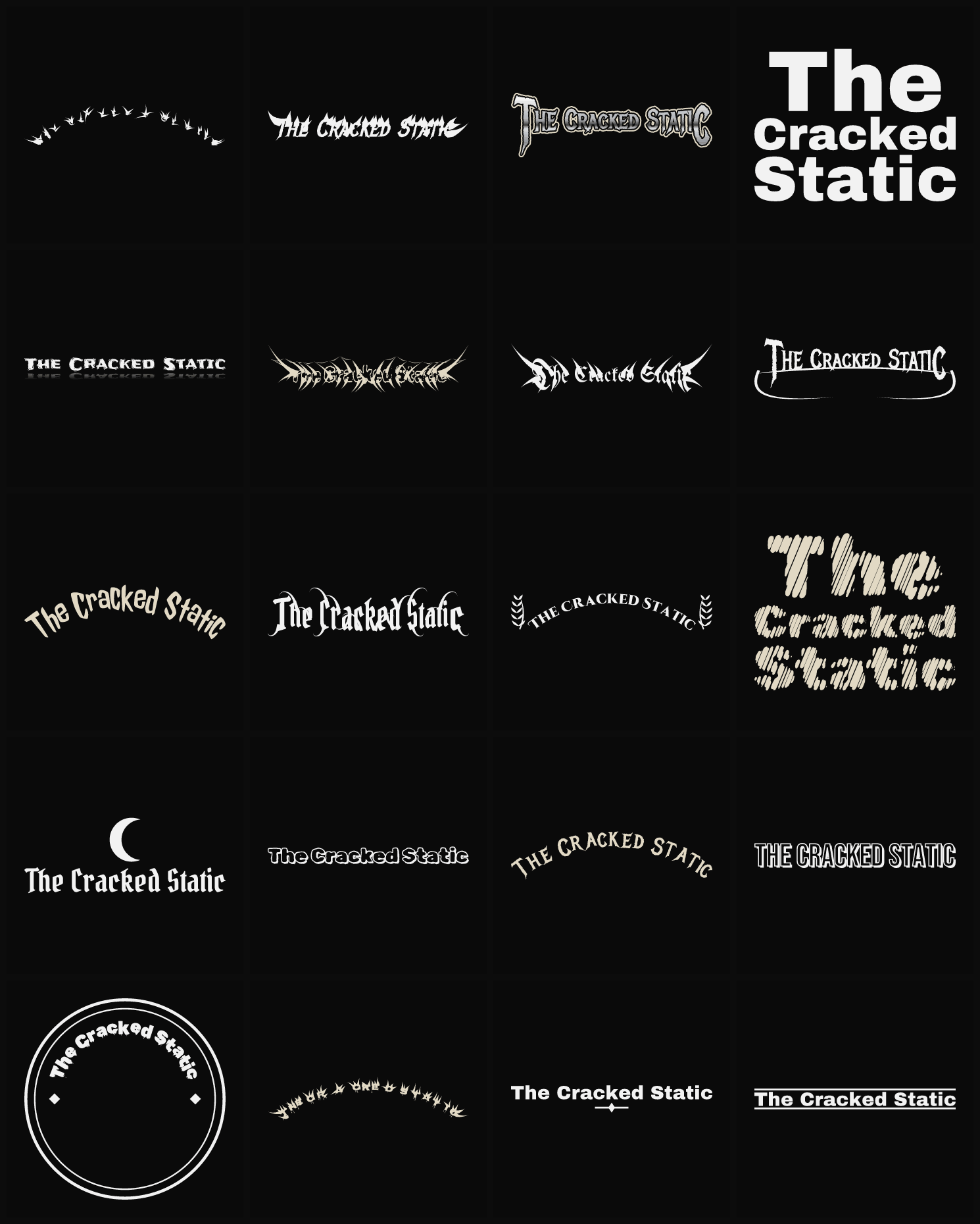 Twenty The Cracked Static band logo ideas — different faces, treatments and spike settings