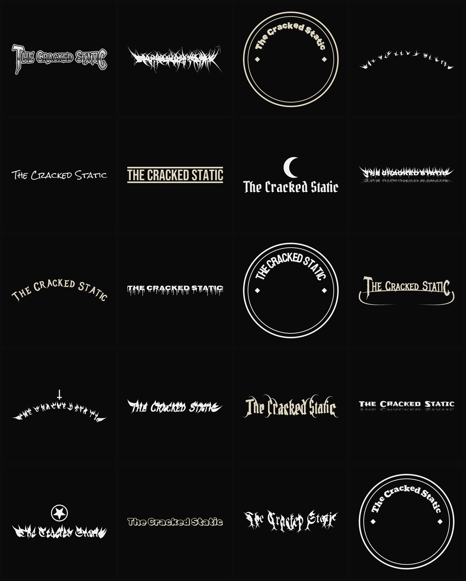 Twenty The Cracked Static band logo ideas — different faces, treatments and spike settings