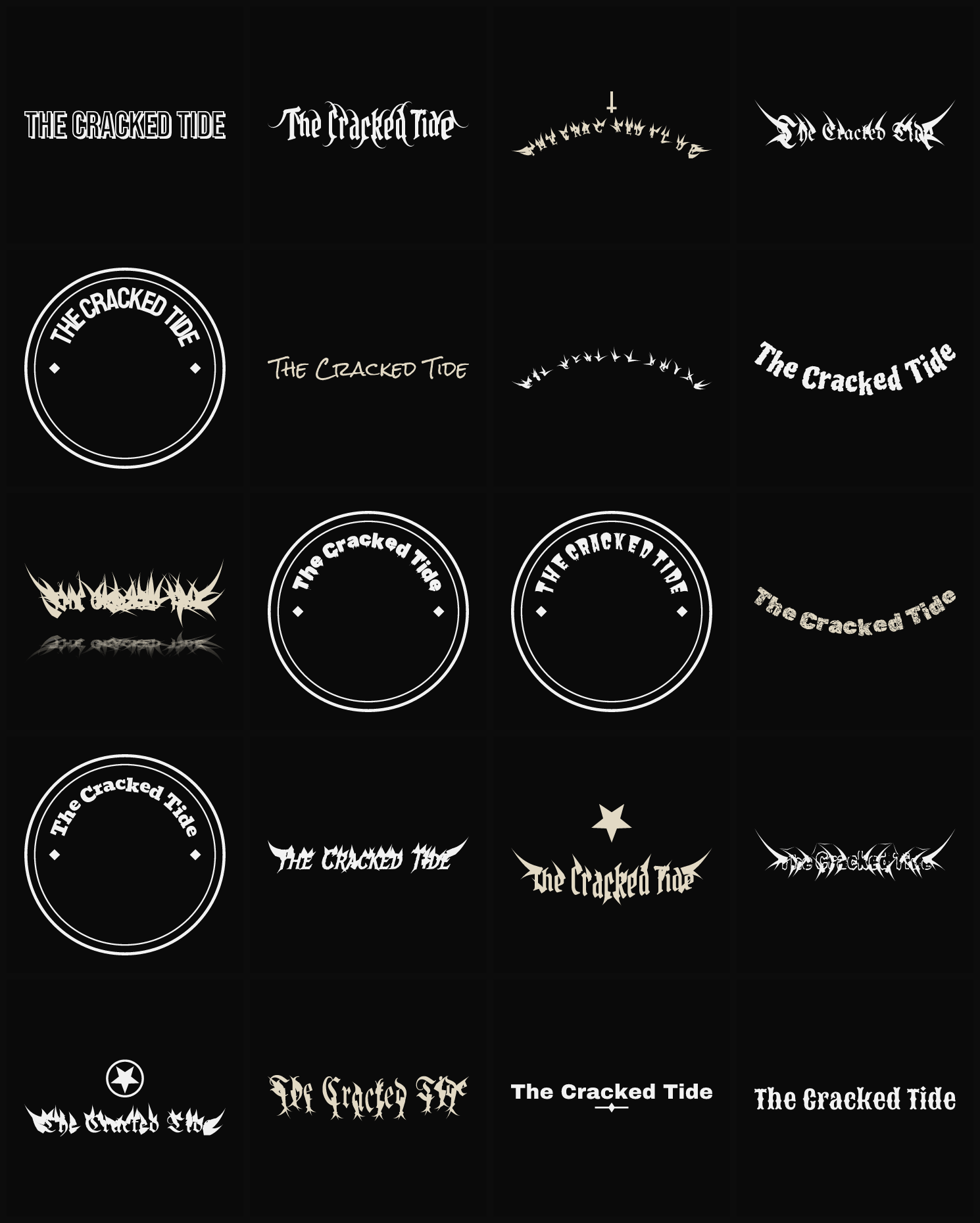 Twenty The Cracked Tide band logo ideas — different faces, treatments and spike settings