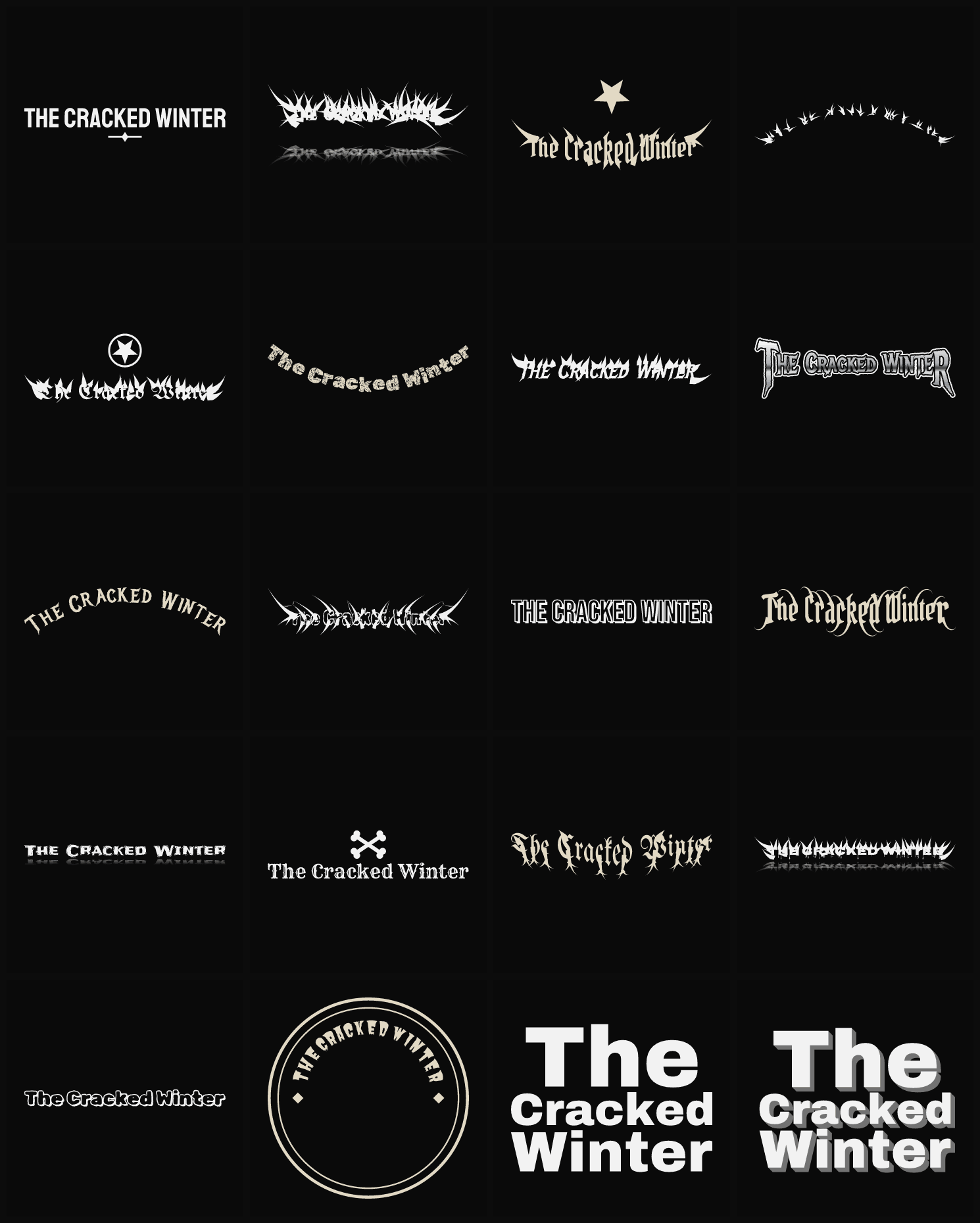 Twenty The Cracked Winter band logo ideas — different faces, treatments and spike settings