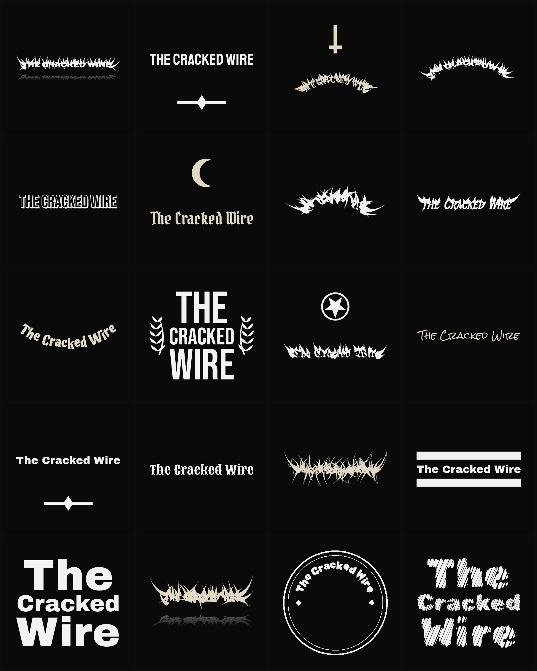 Twenty The Cracked Wire band logo ideas — different faces, treatments and spike settings