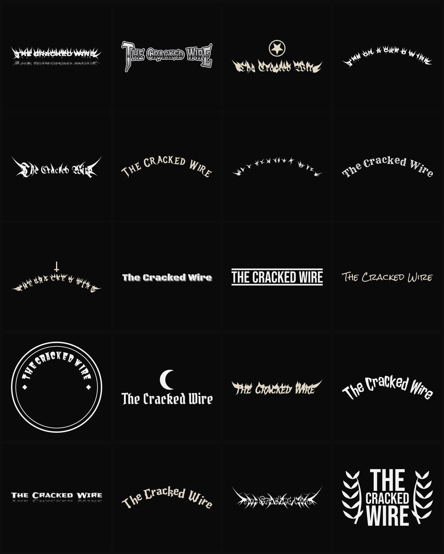 Twenty The Cracked Wire band logo ideas — different faces, treatments and spike settings