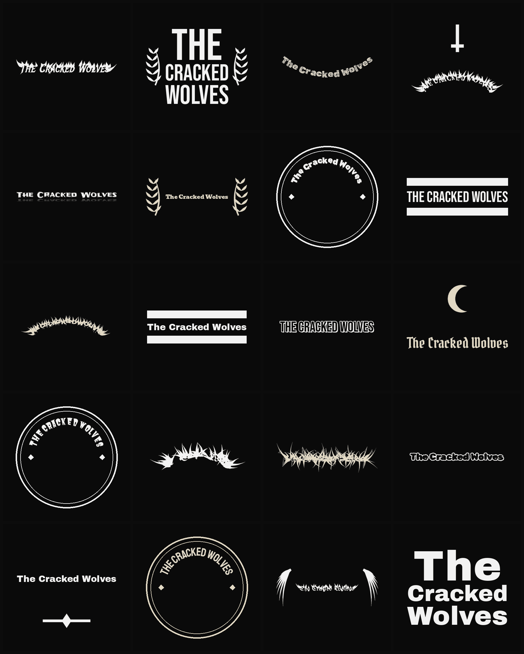 Twenty The Cracked Wolves band logo ideas — different faces, treatments and spike settings