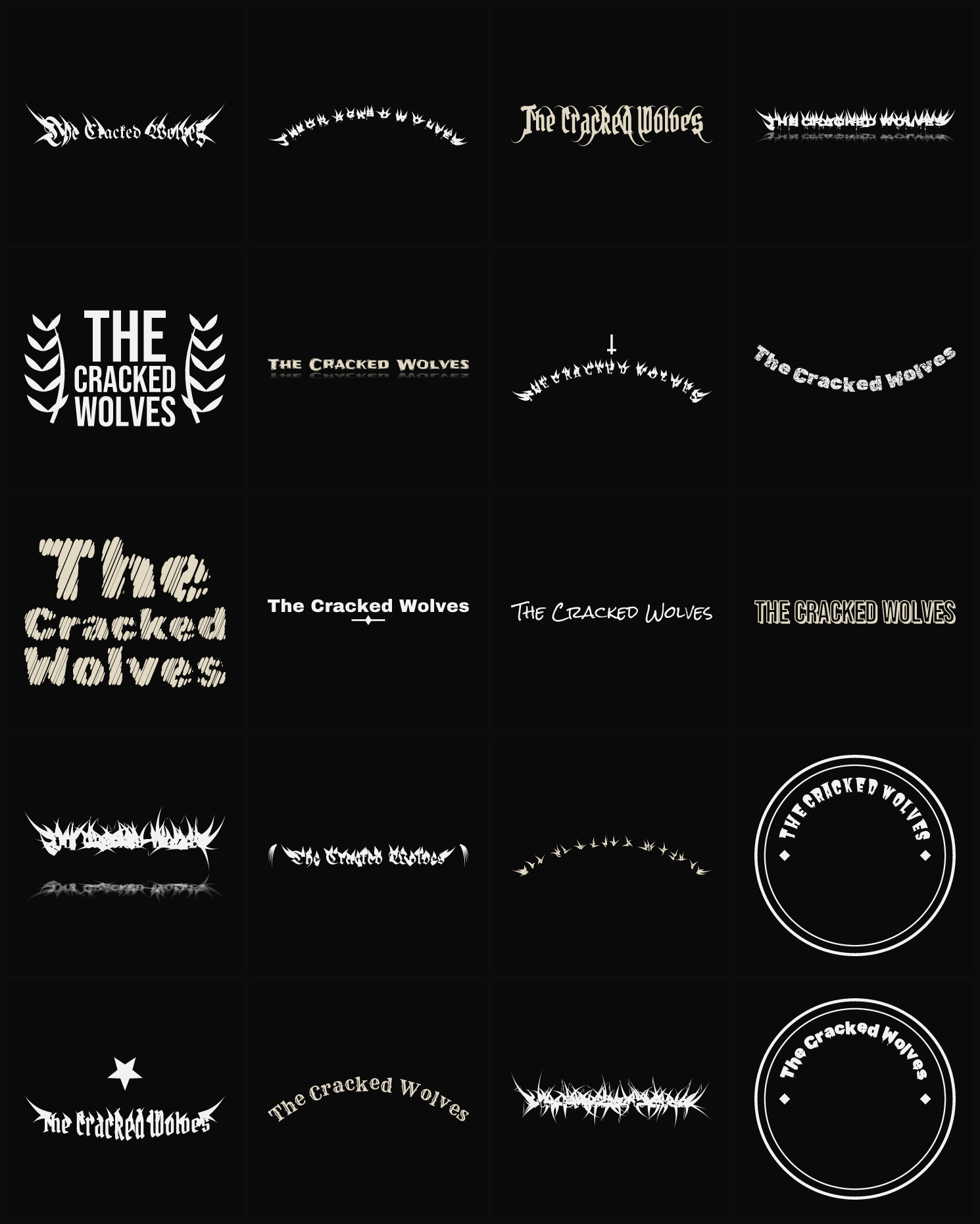 Twenty The Cracked Wolves band logo ideas — different faces, treatments and spike settings