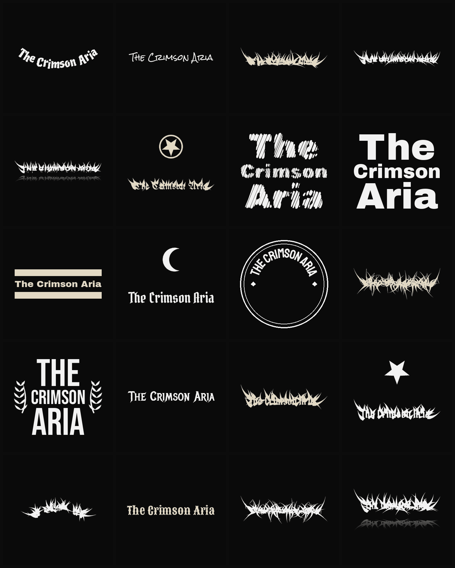 Twenty The Crimson Aria band logo ideas — different faces, treatments and spike settings