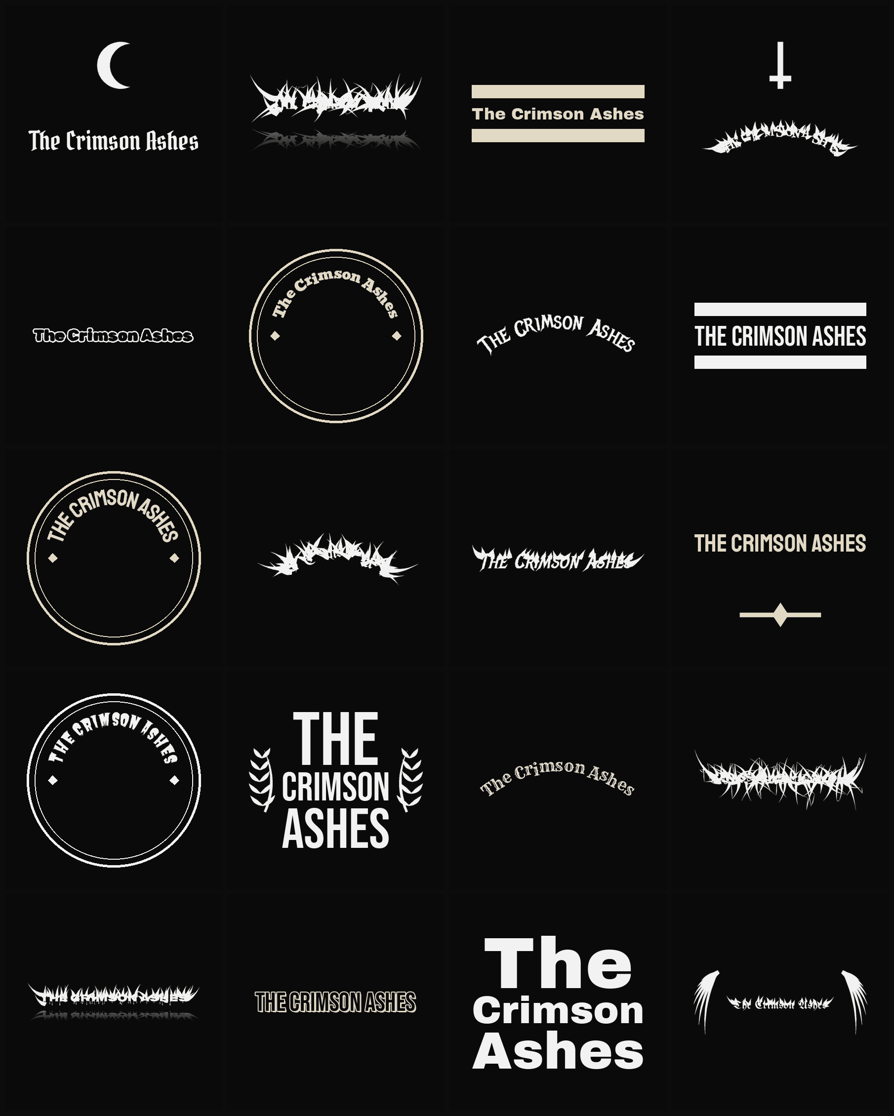 Twenty The Crimson Ashes band logo ideas — different faces, treatments and spike settings
