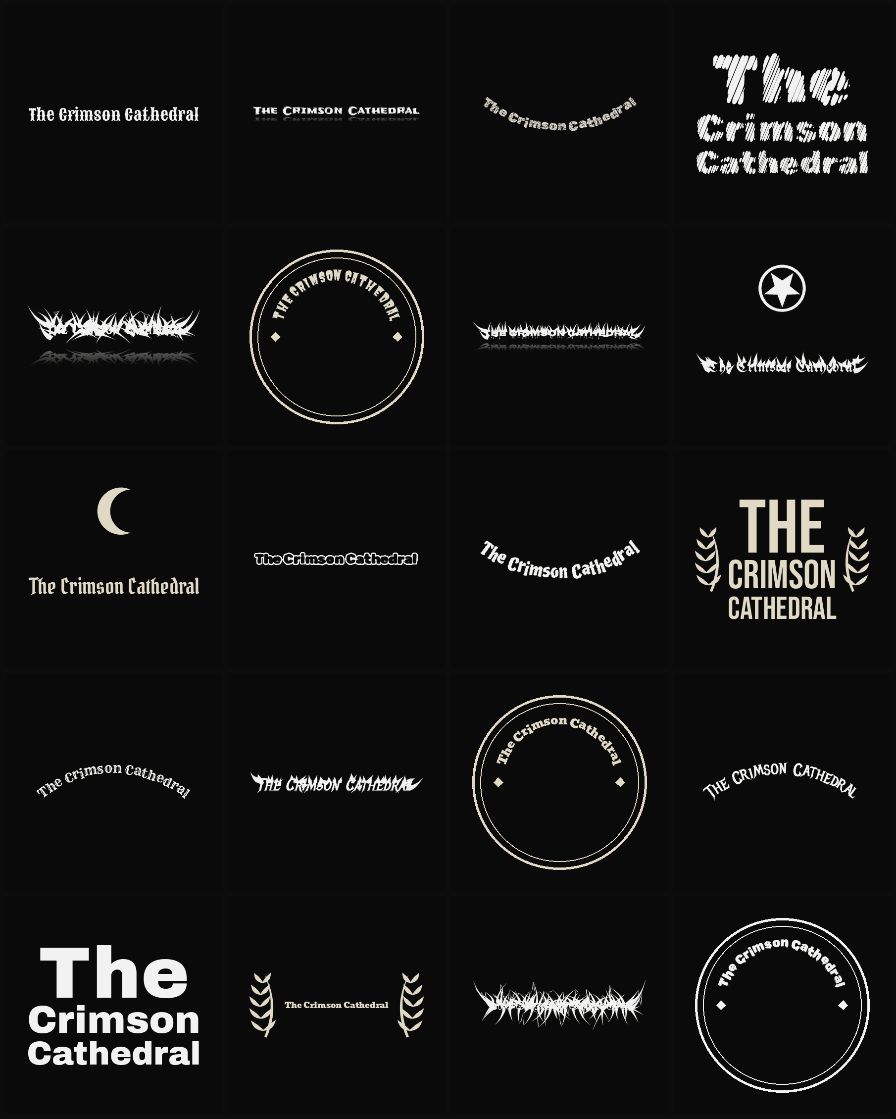Twenty The Crimson Cathedral band logo ideas — different faces, treatments and spike settings