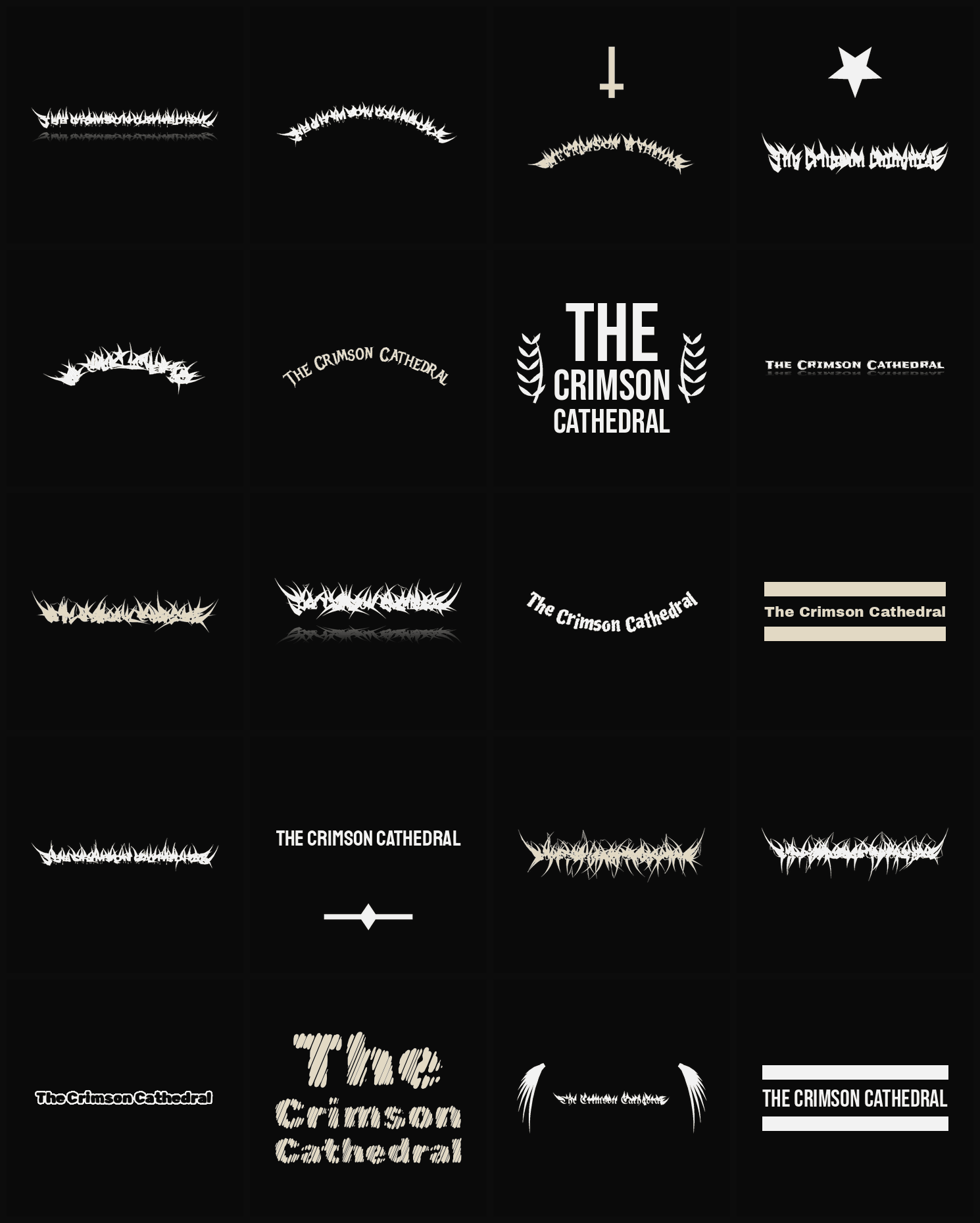 Twenty The Crimson Cathedral band logo ideas — different faces, treatments and spike settings