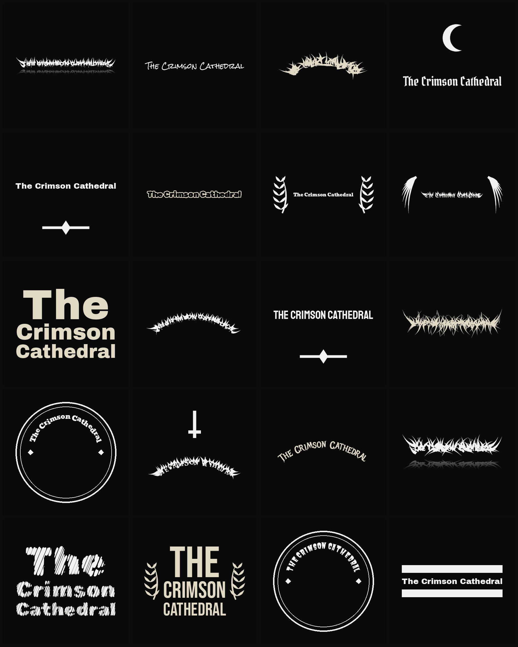 Twenty The Crimson Cathedral band logo ideas — different faces, treatments and spike settings