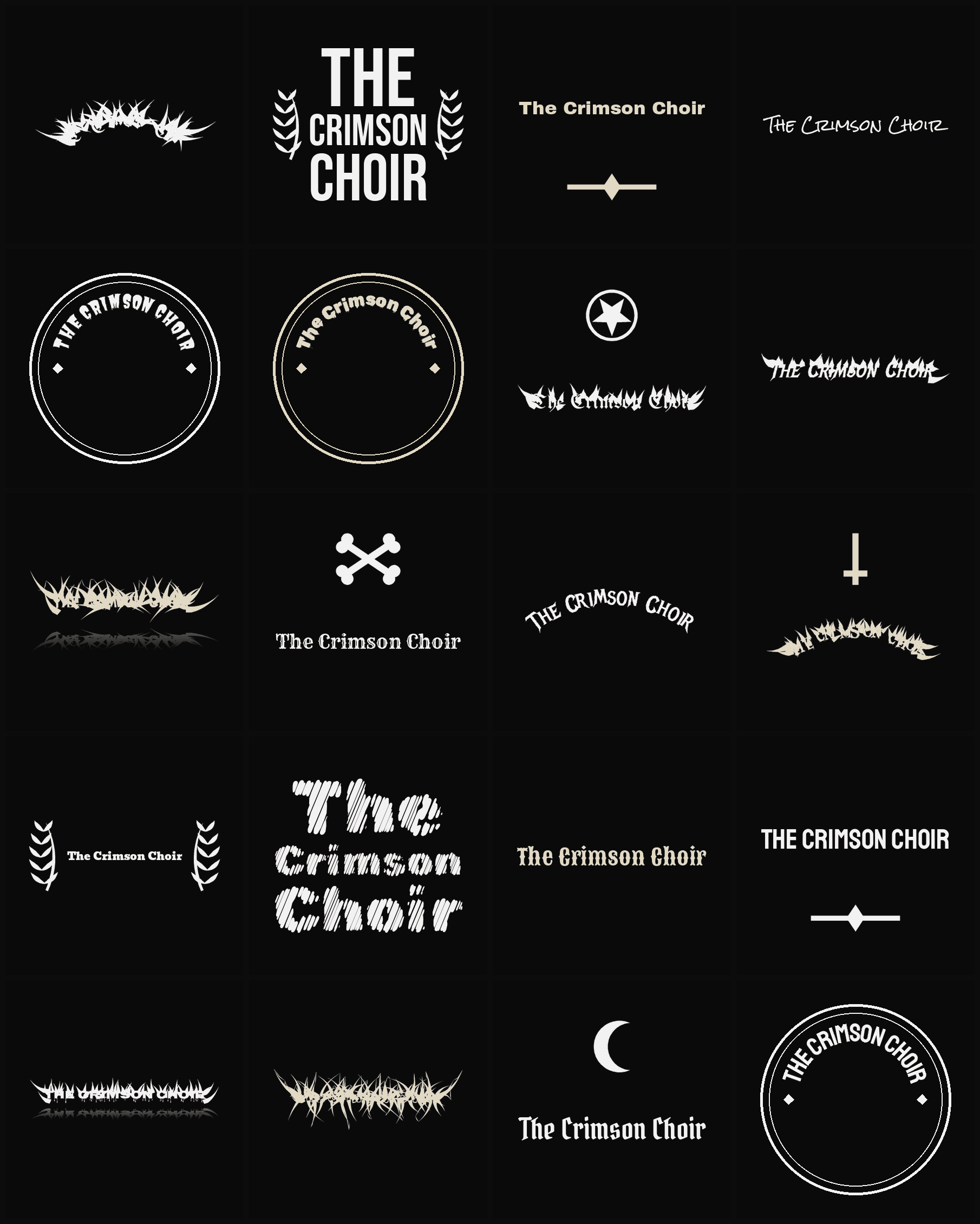 Twenty The Crimson Choir band logo ideas — different faces, treatments and spike settings