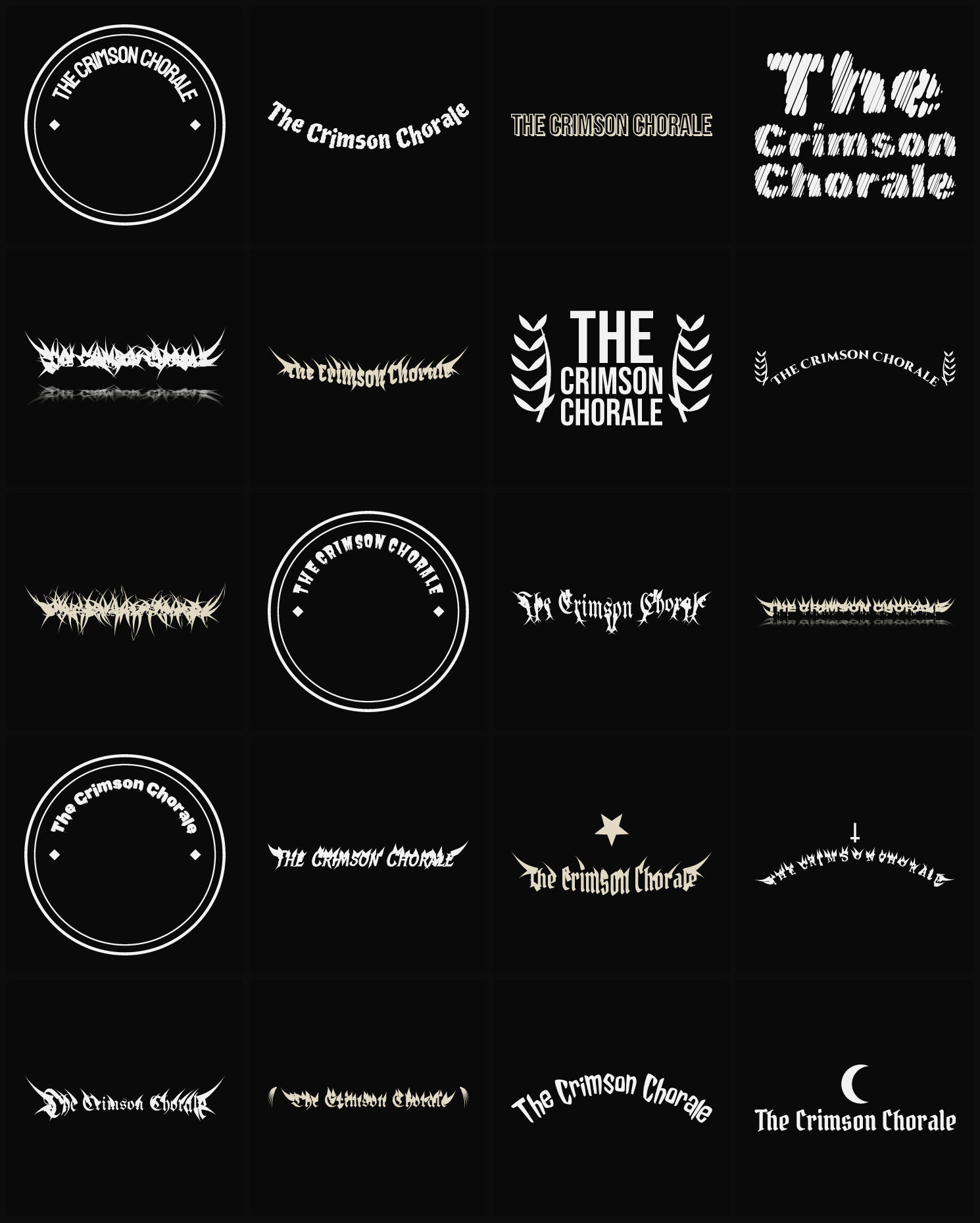 Twenty The Crimson Chorale band logo ideas — different faces, treatments and spike settings