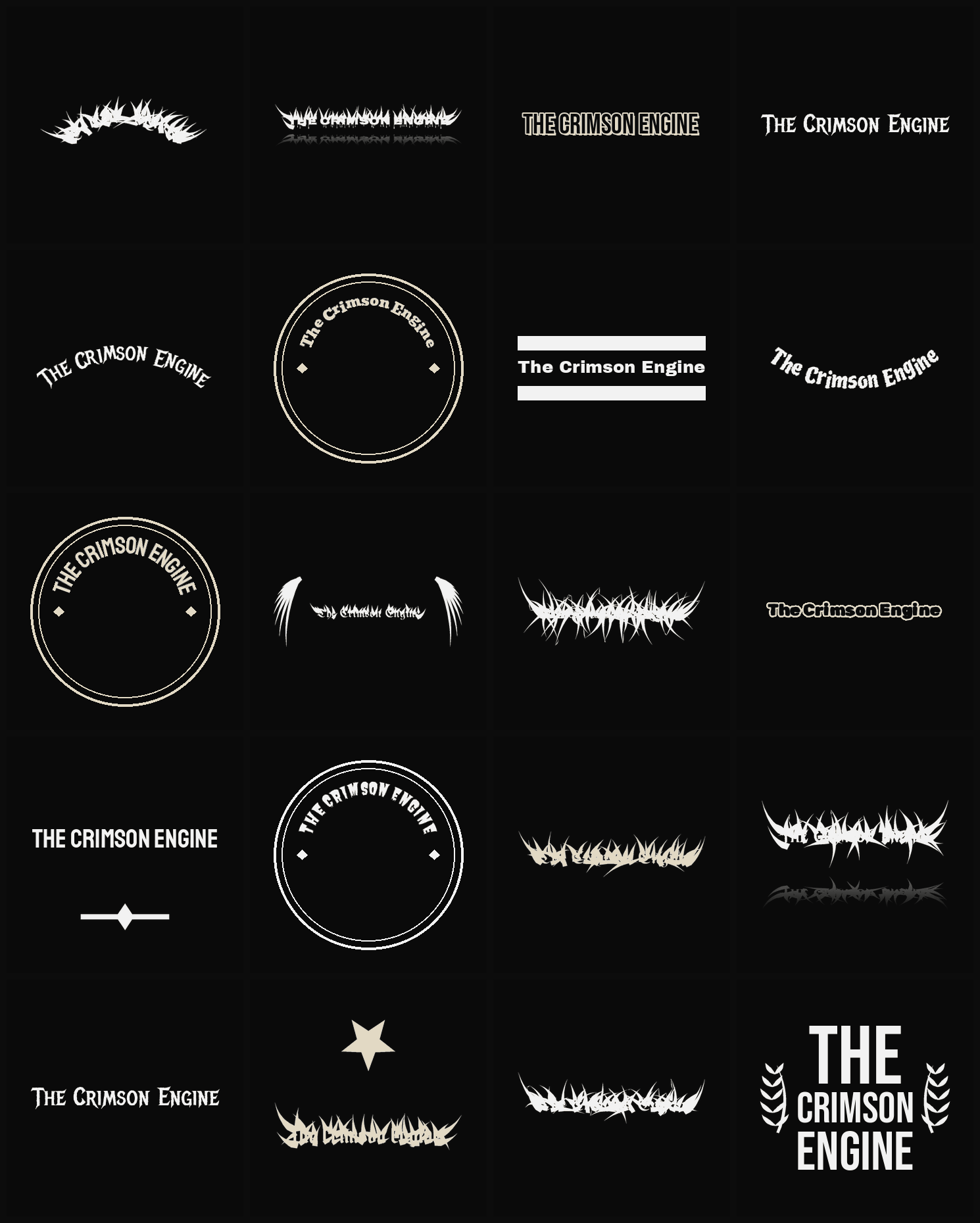 Twenty The Crimson Engine band logo ideas — different faces, treatments and spike settings