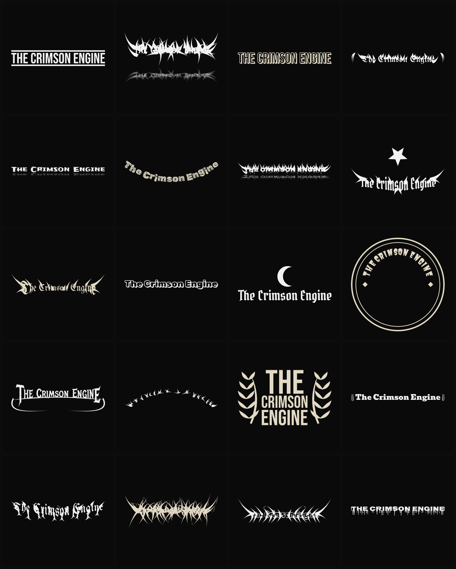 Twenty The Crimson Engine band logo ideas — different faces, treatments and spike settings