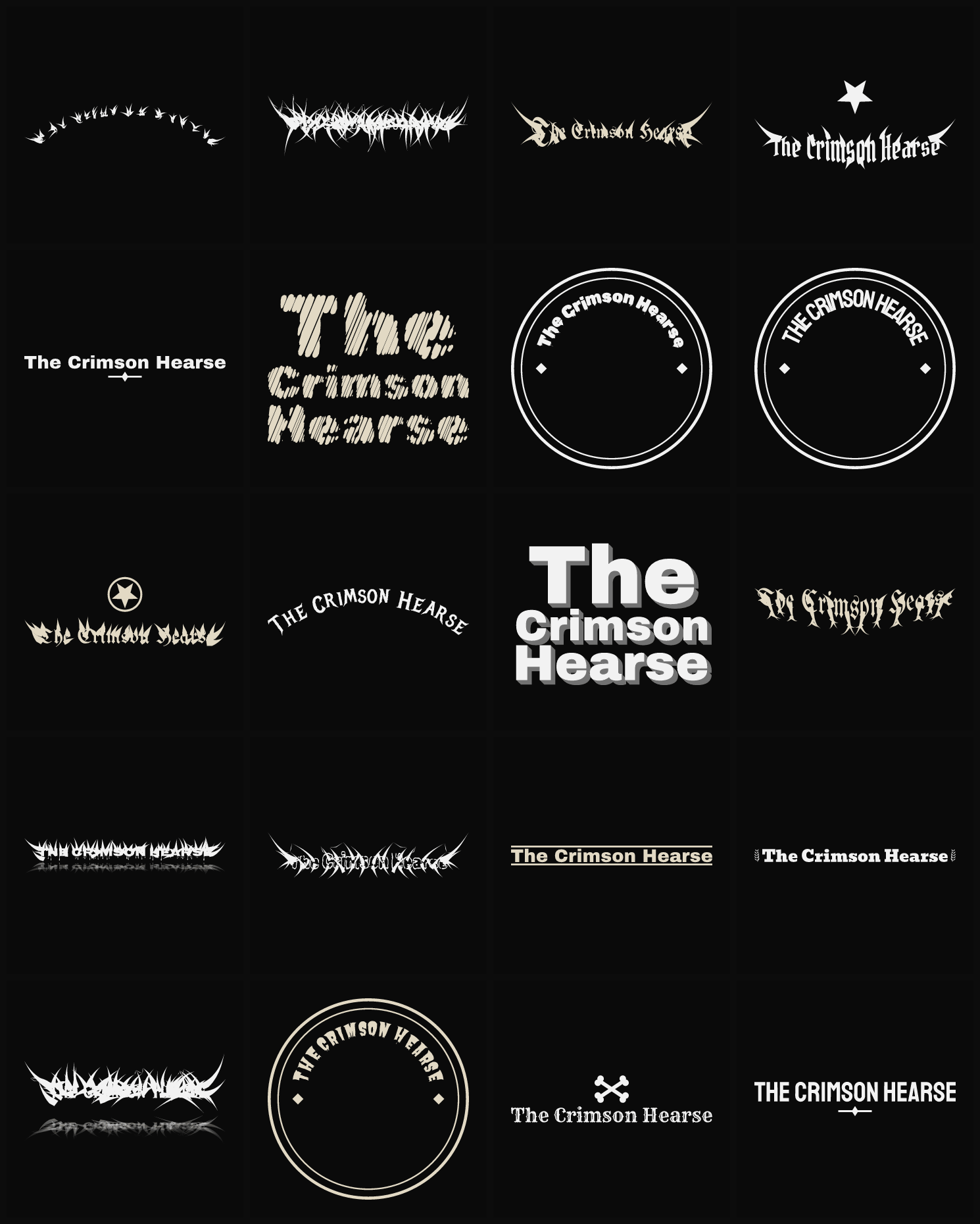 Twenty The Crimson Hearse band logo ideas — different faces, treatments and spike settings