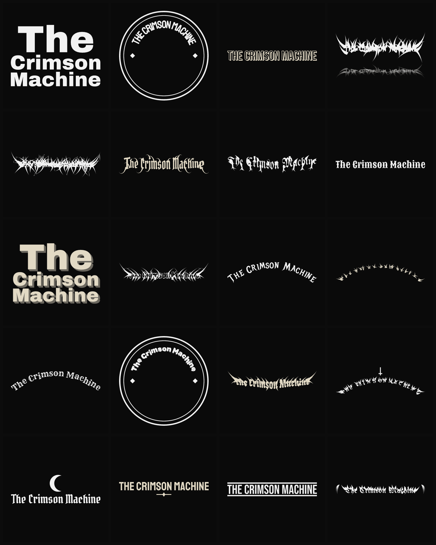Twenty The Crimson Machine band logo ideas — different faces, treatments and spike settings
