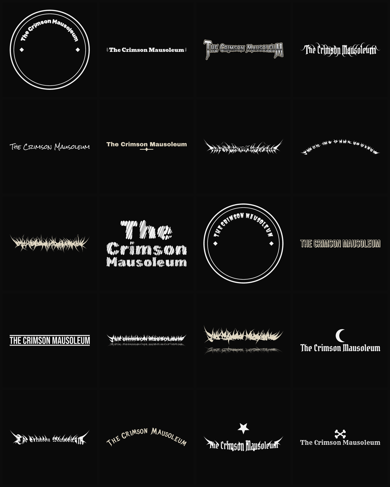 Twenty The Crimson Mausoleum band logo ideas — different faces, treatments and spike settings