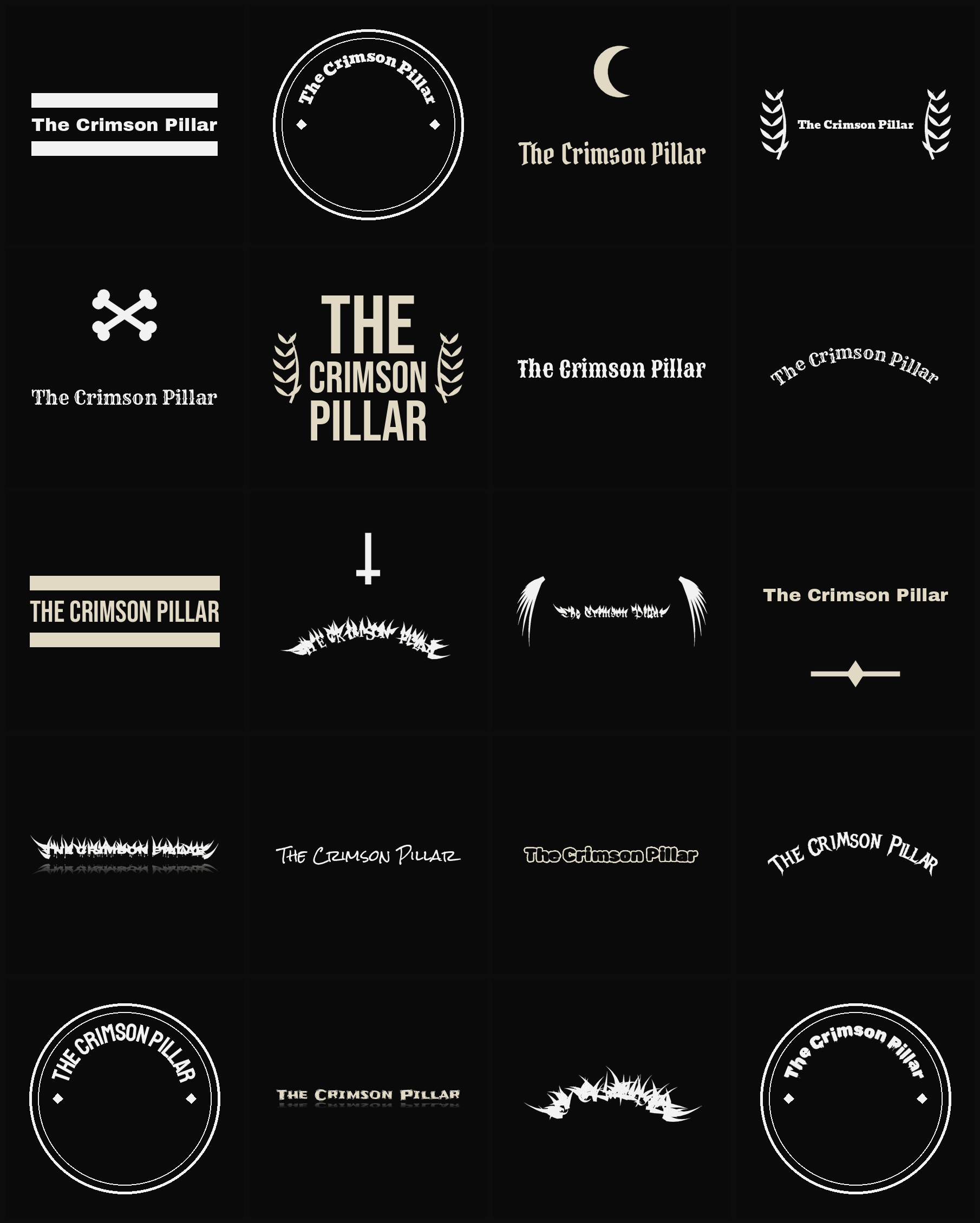 Twenty The Crimson Pillar band logo ideas — different faces, treatments and spike settings