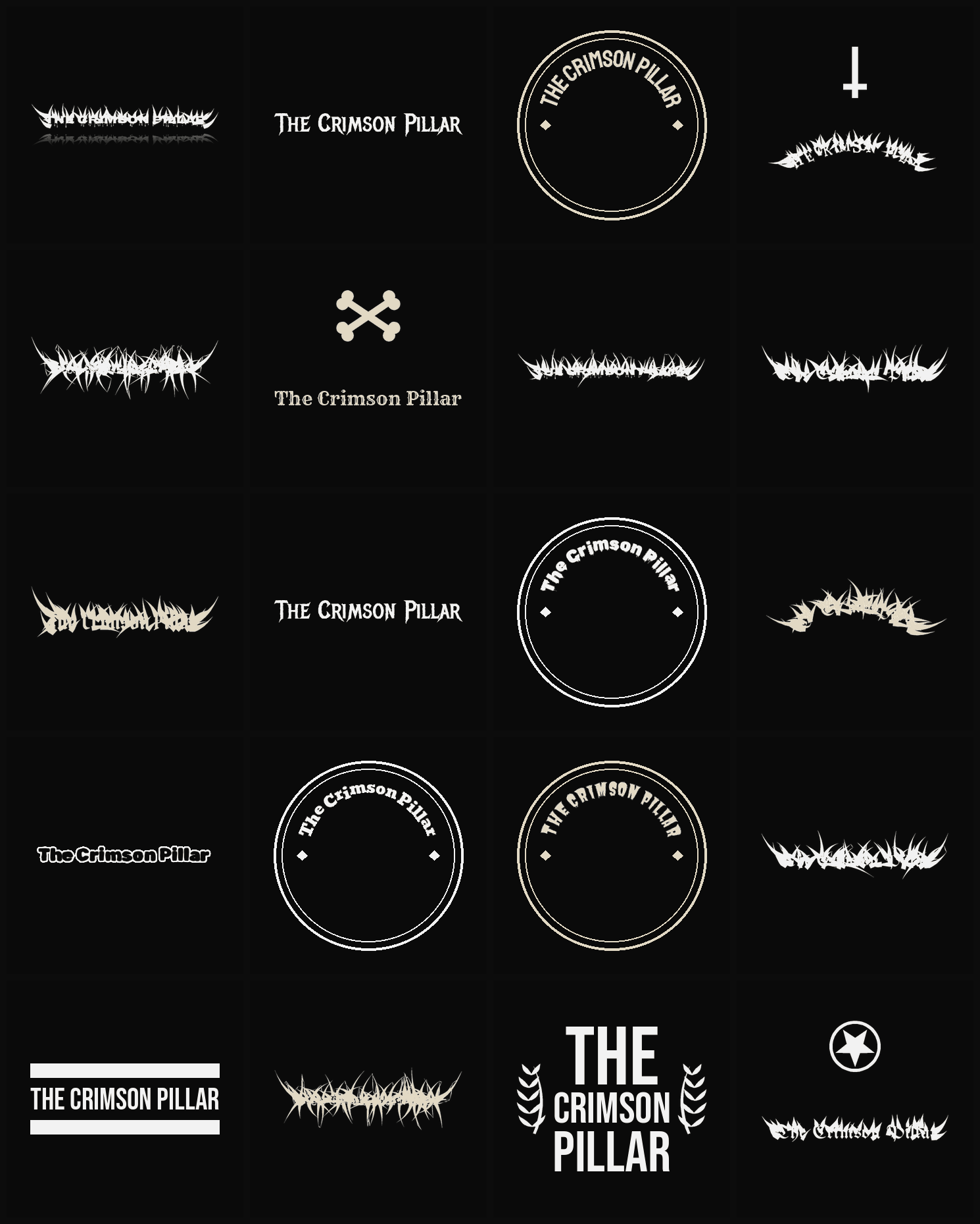 Twenty The Crimson Pillar band logo ideas — different faces, treatments and spike settings