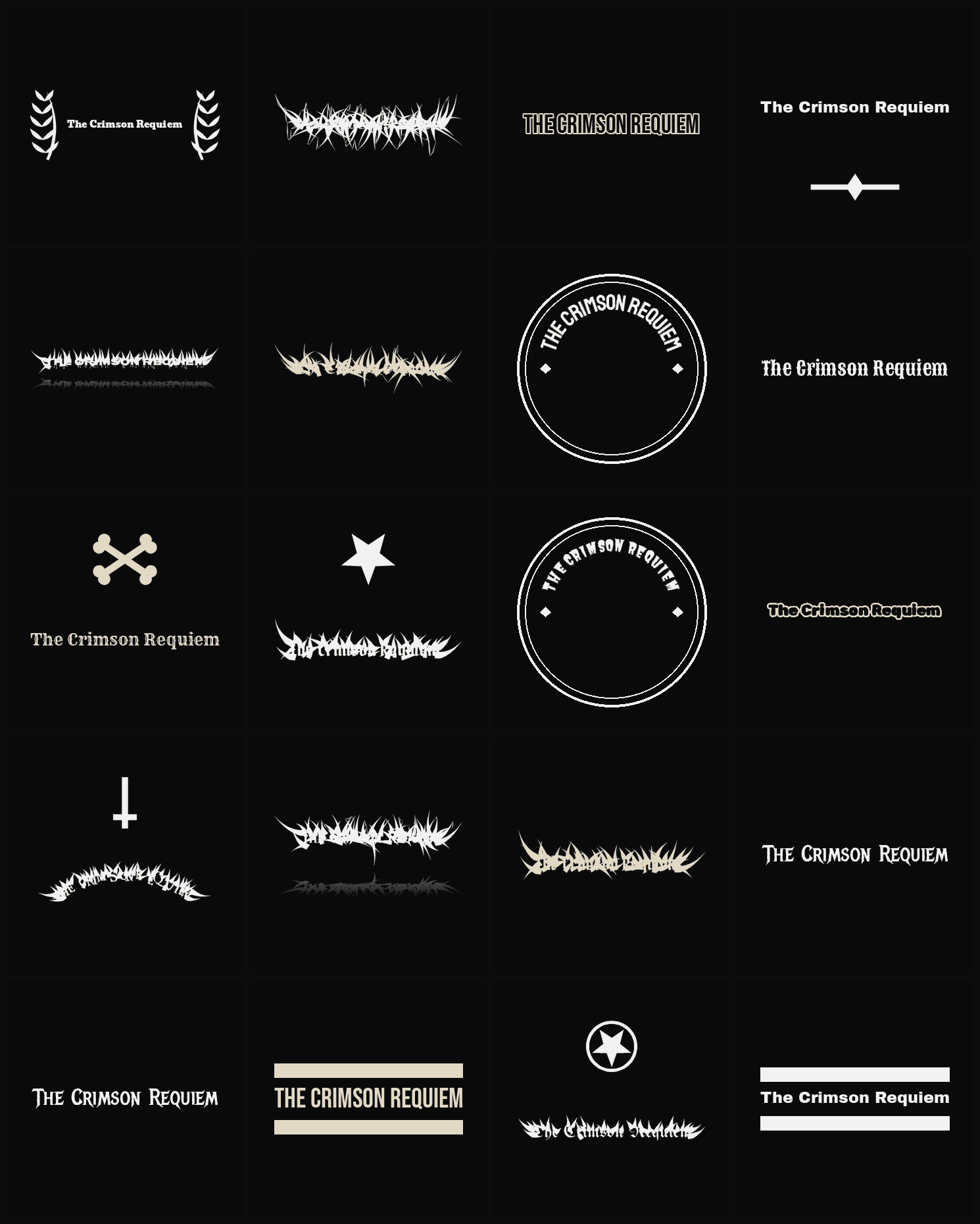 Twenty The Crimson Requiem band logo ideas — different faces, treatments and spike settings