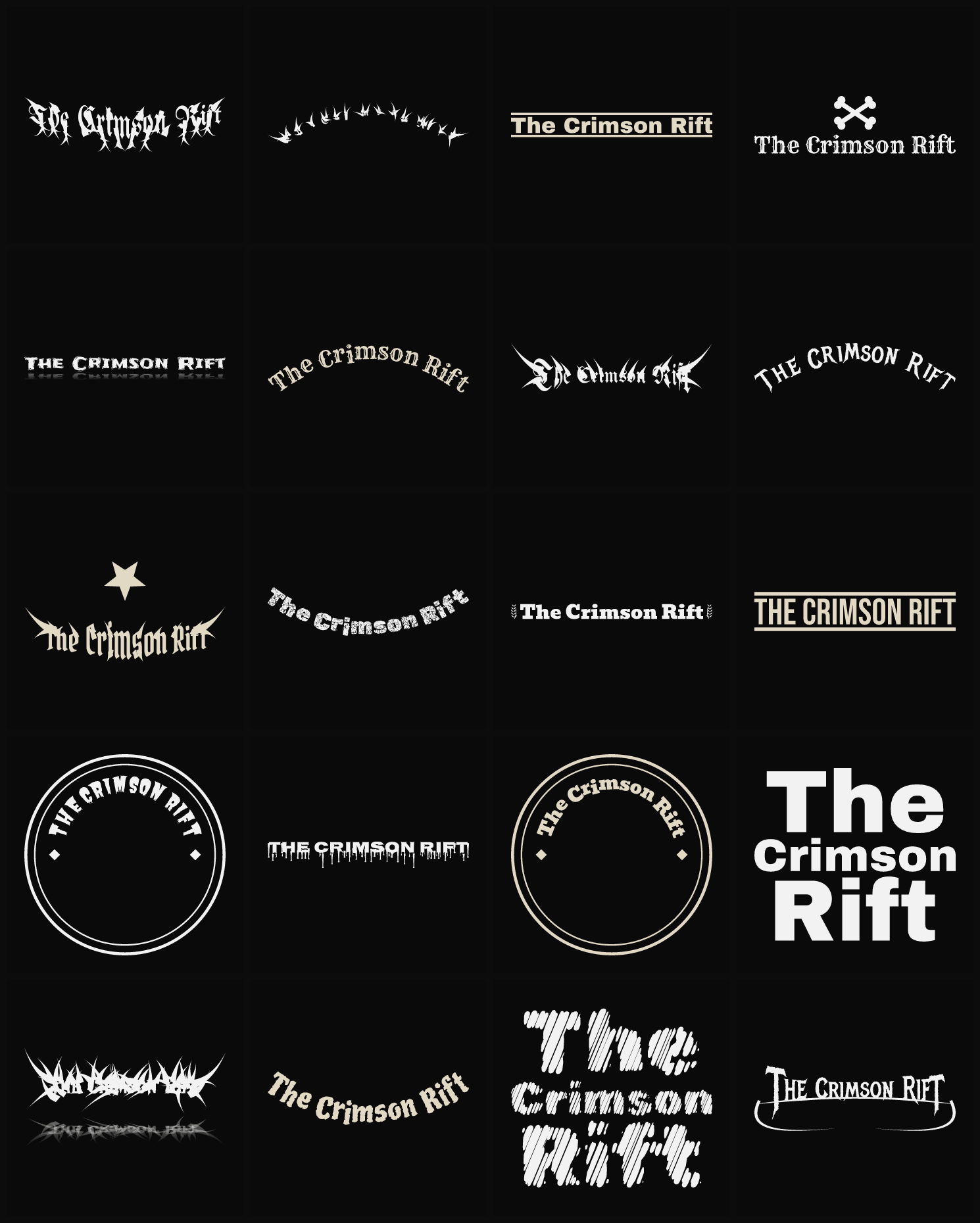 Twenty The Crimson Rift band logo ideas — different faces, treatments and spike settings