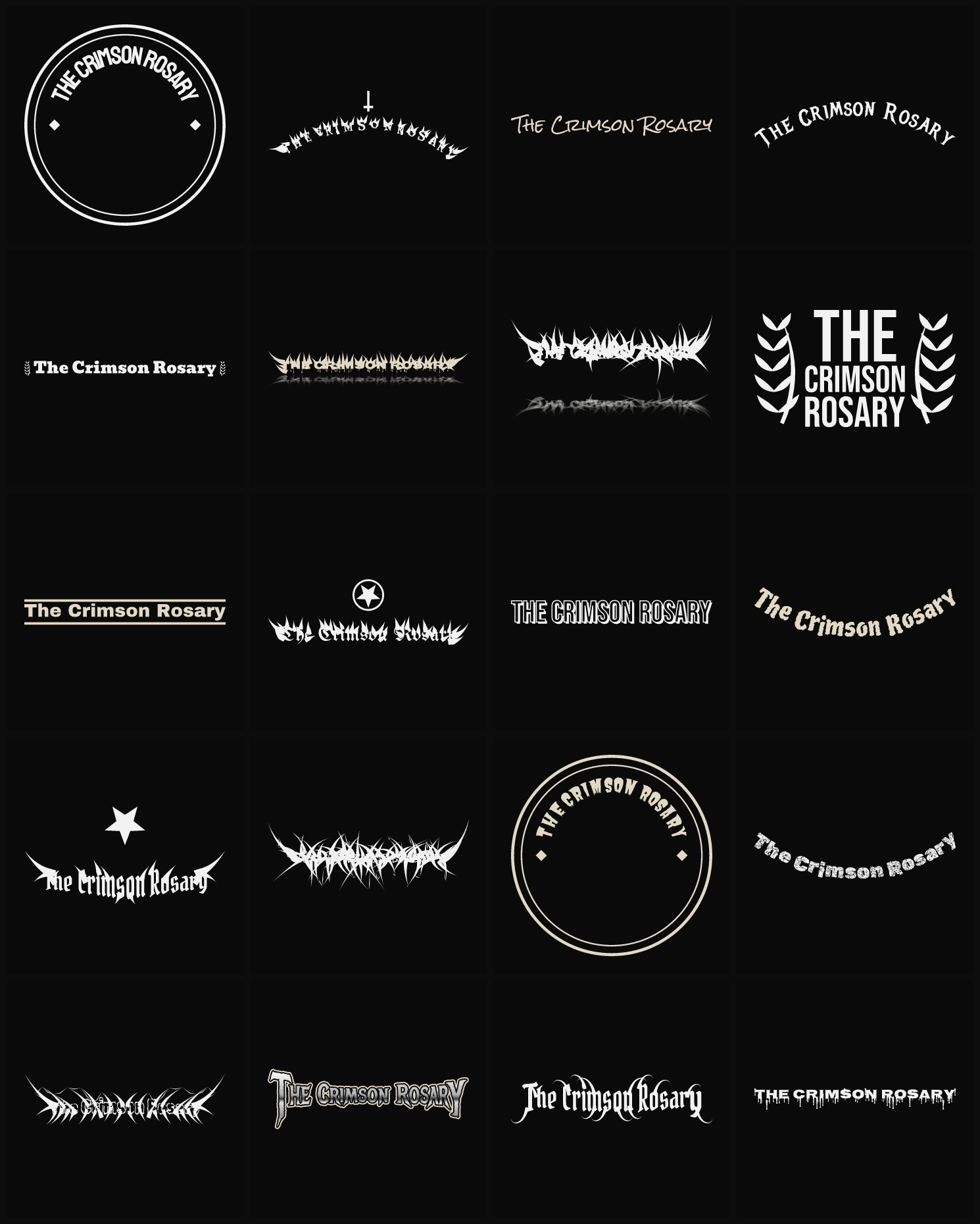 Twenty The Crimson Rosary band logo ideas — different faces, treatments and spike settings