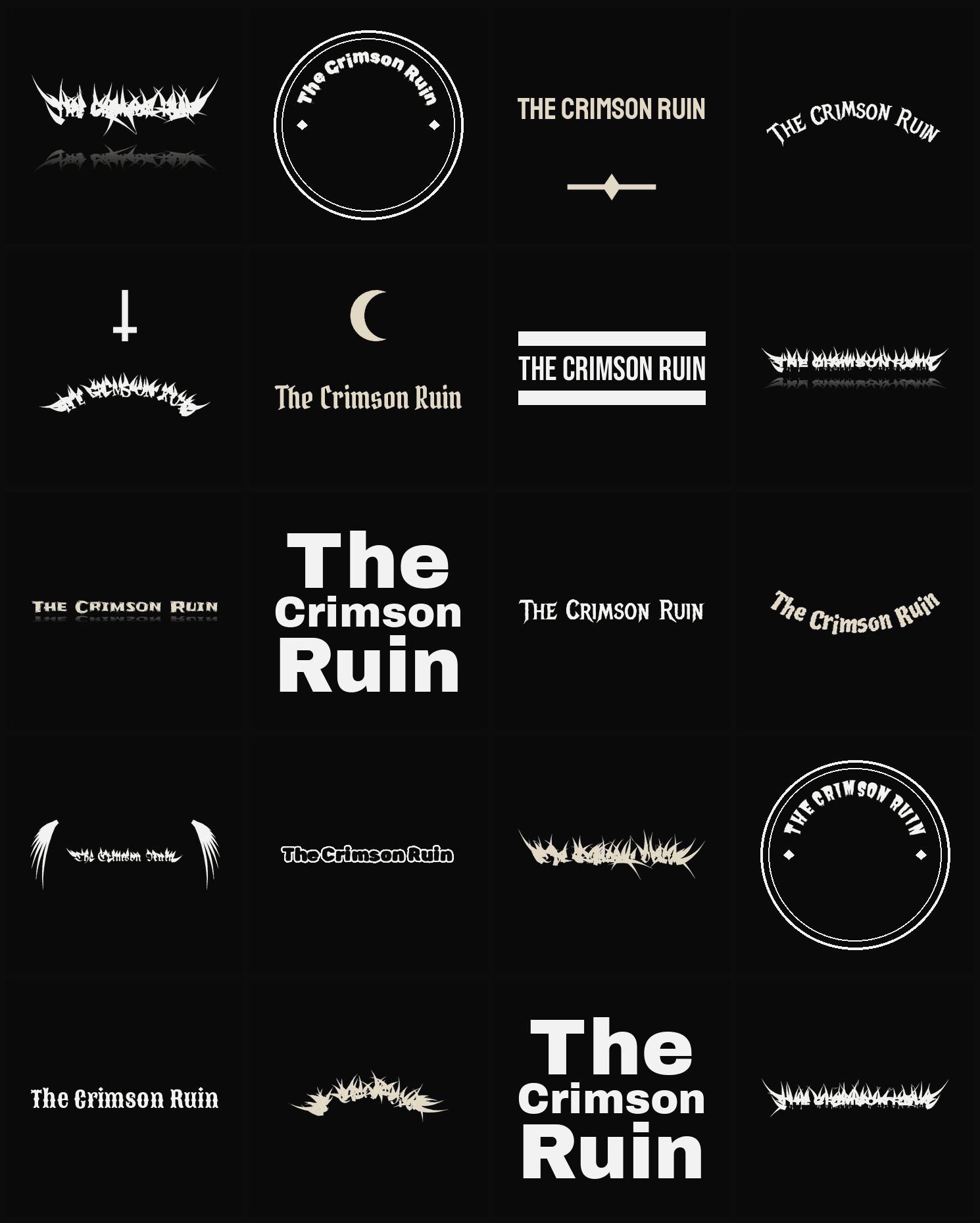 Twenty The Crimson Ruin band logo ideas — different faces, treatments and spike settings