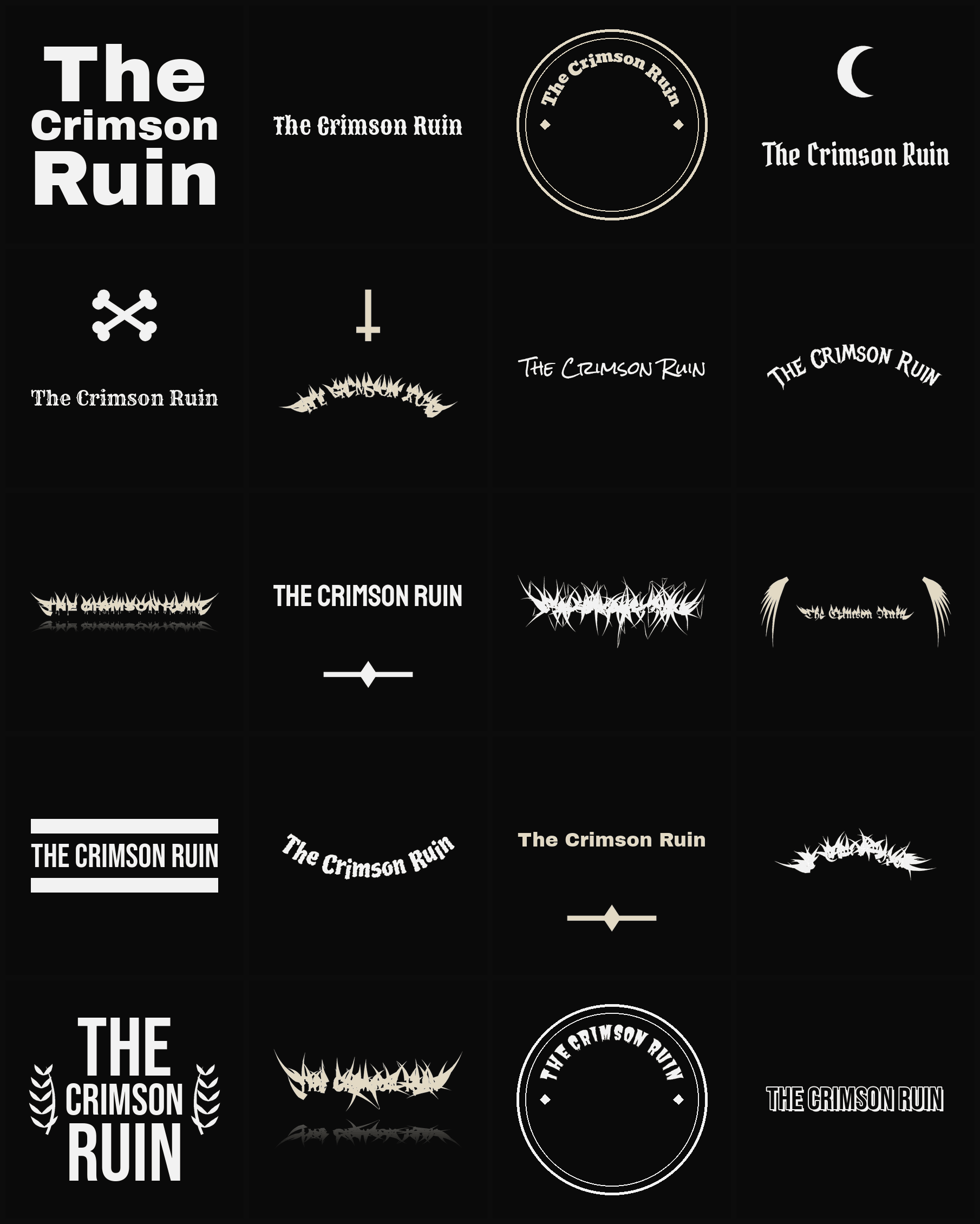 Twenty The Crimson Ruin band logo ideas — different faces, treatments and spike settings