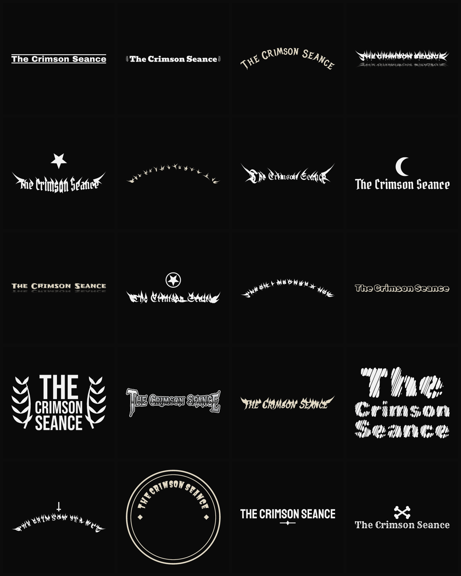 Twenty The Crimson Seance band logo ideas — different faces, treatments and spike settings