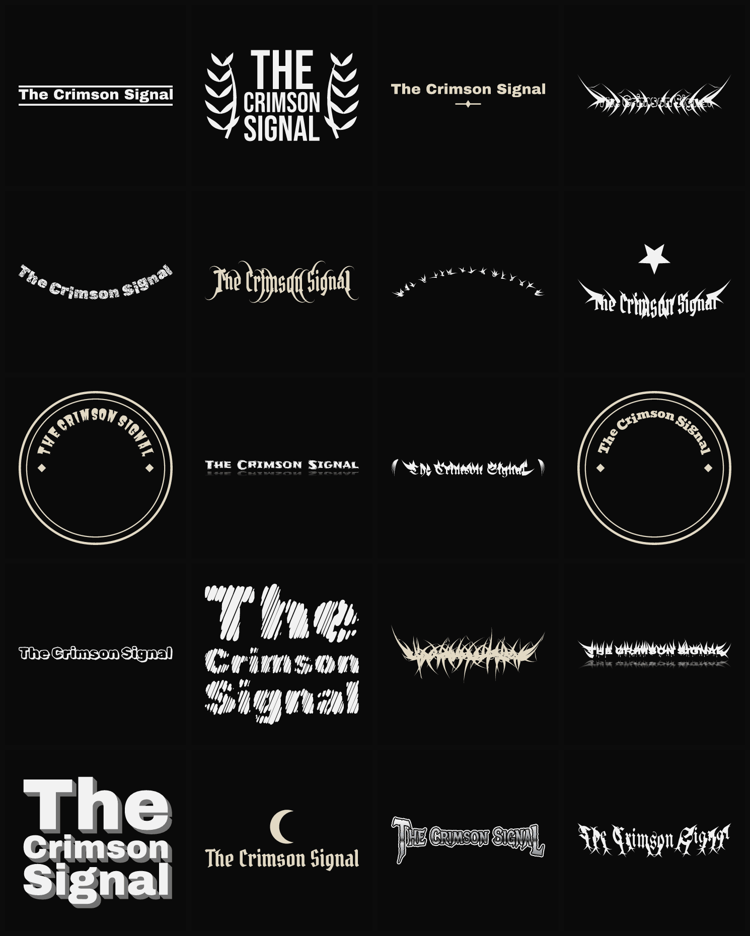 Twenty The Crimson Signal band logo ideas — different faces, treatments and spike settings