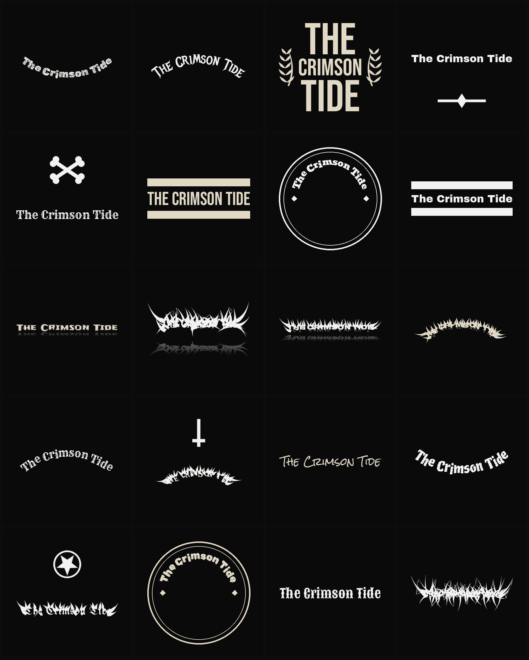Twenty The Crimson Tide band logo ideas — different faces, treatments and spike settings
