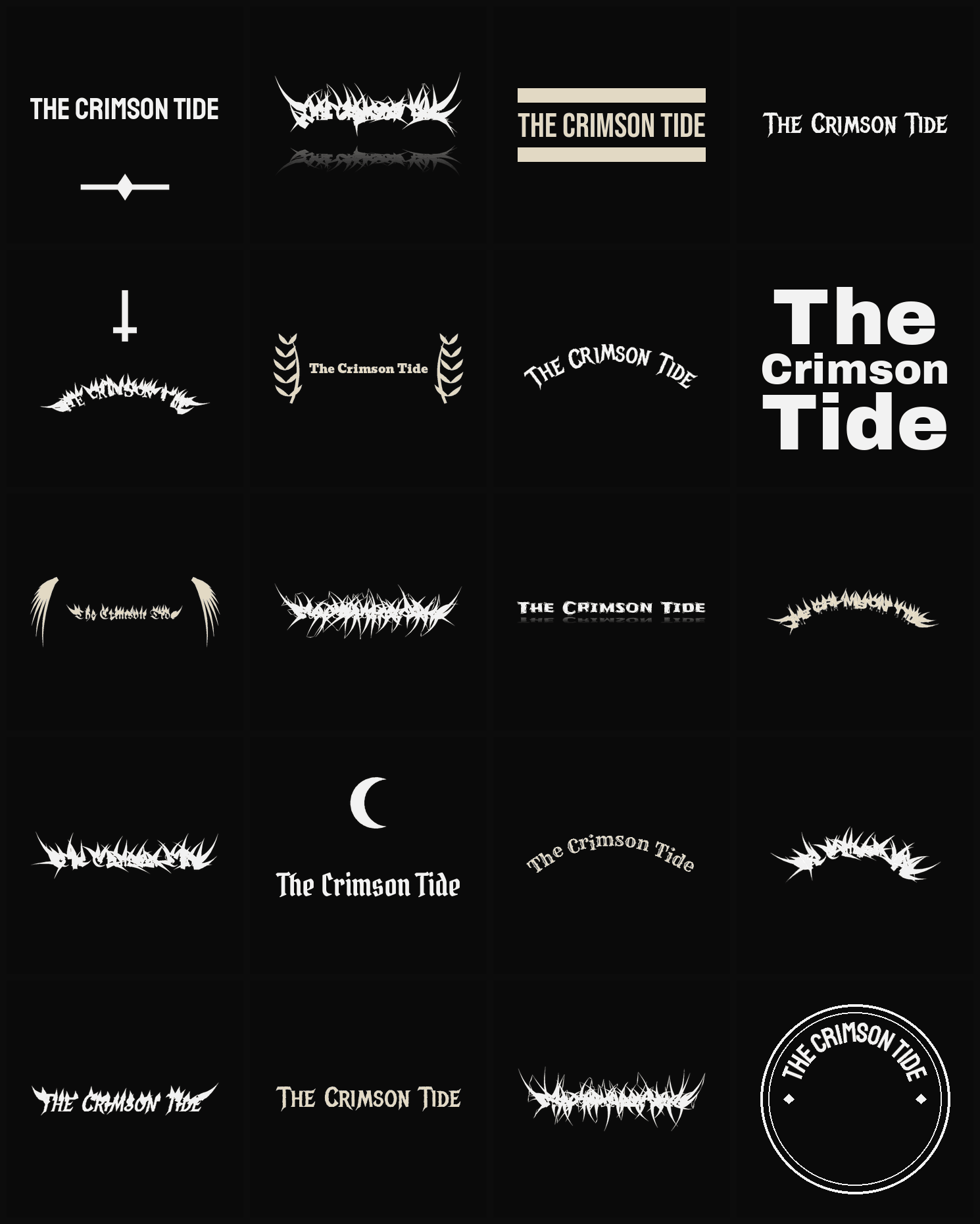 Twenty The Crimson Tide band logo ideas — different faces, treatments and spike settings