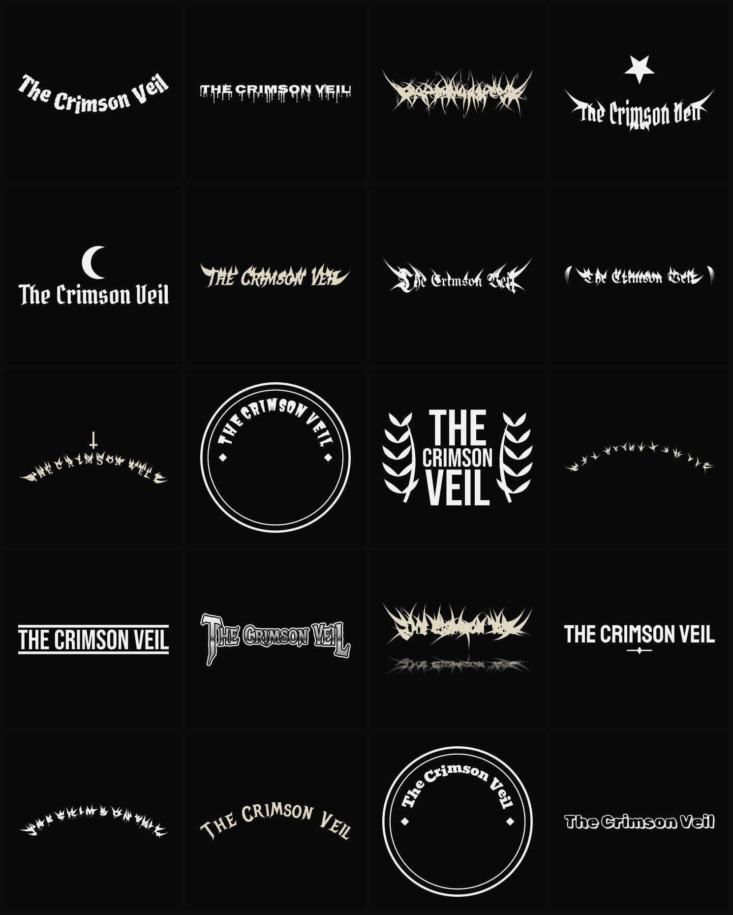 Twenty The Crimson Veil band logo ideas — different faces, treatments and spike settings