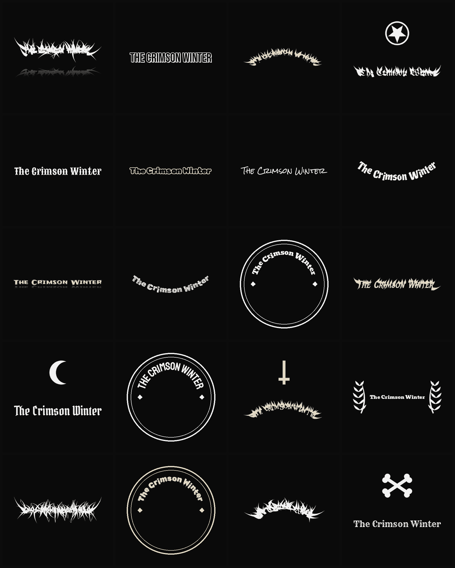Twenty The Crimson Winter band logo ideas — different faces, treatments and spike settings