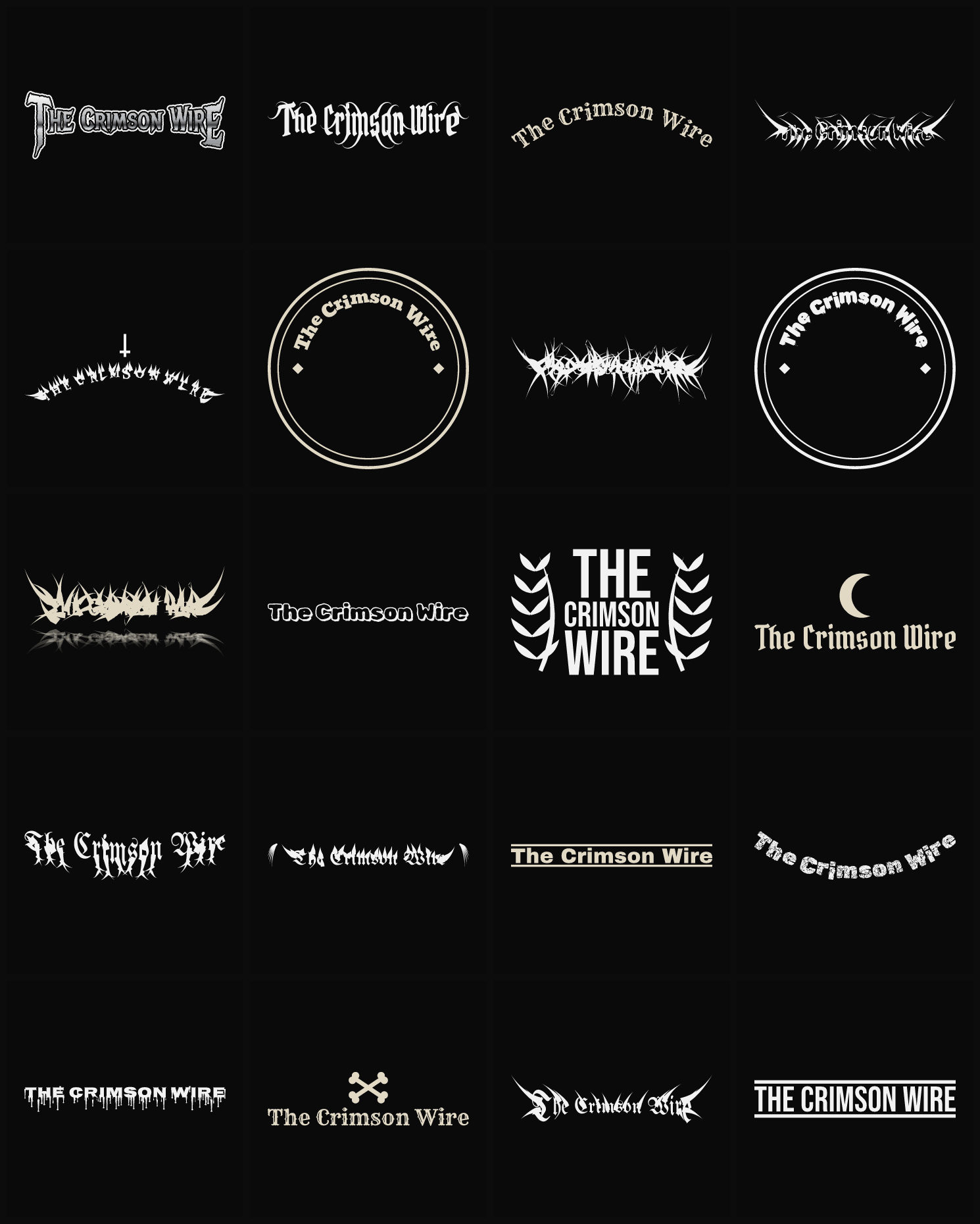 Twenty The Crimson Wire band logo ideas — different faces, treatments and spike settings