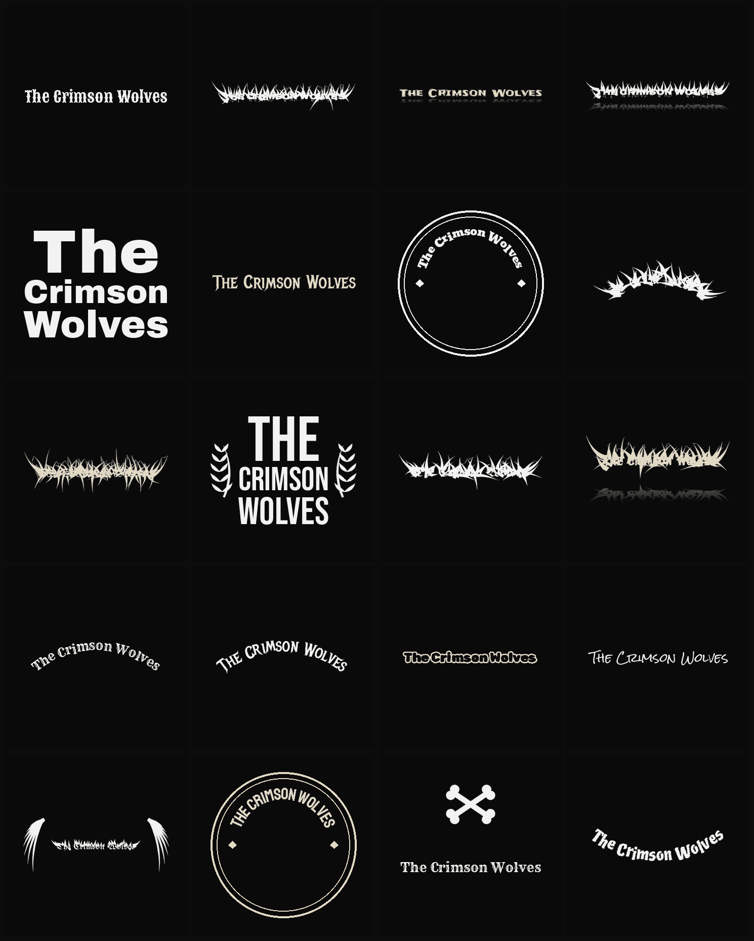 Twenty The Crimson Wolves band logo ideas — different faces, treatments and spike settings