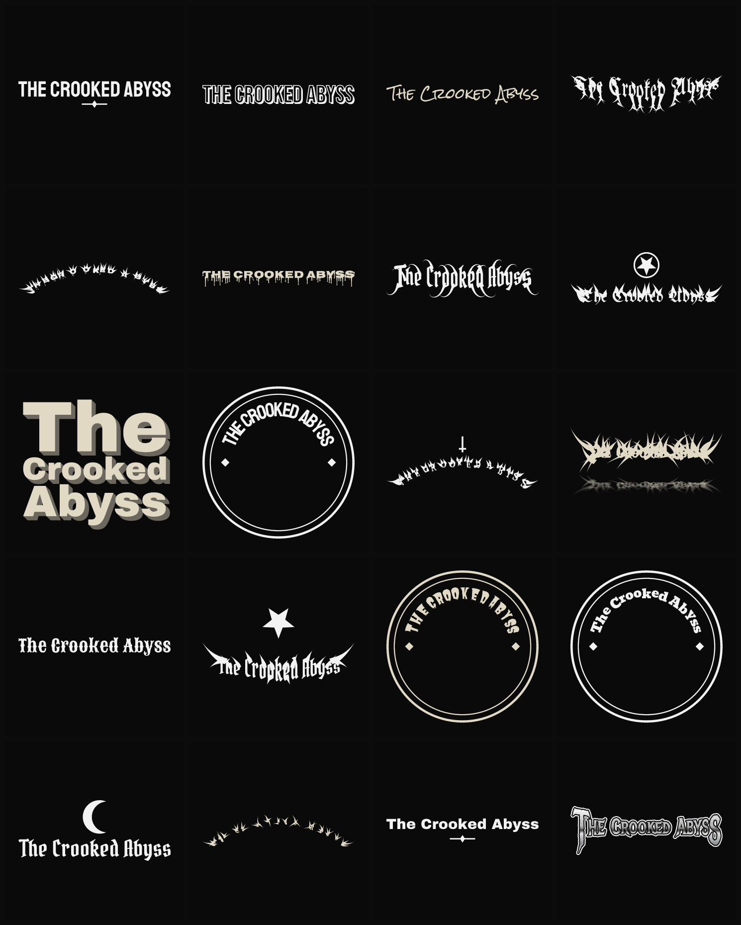 Twenty The Crooked Abyss band logo ideas — different faces, treatments and spike settings