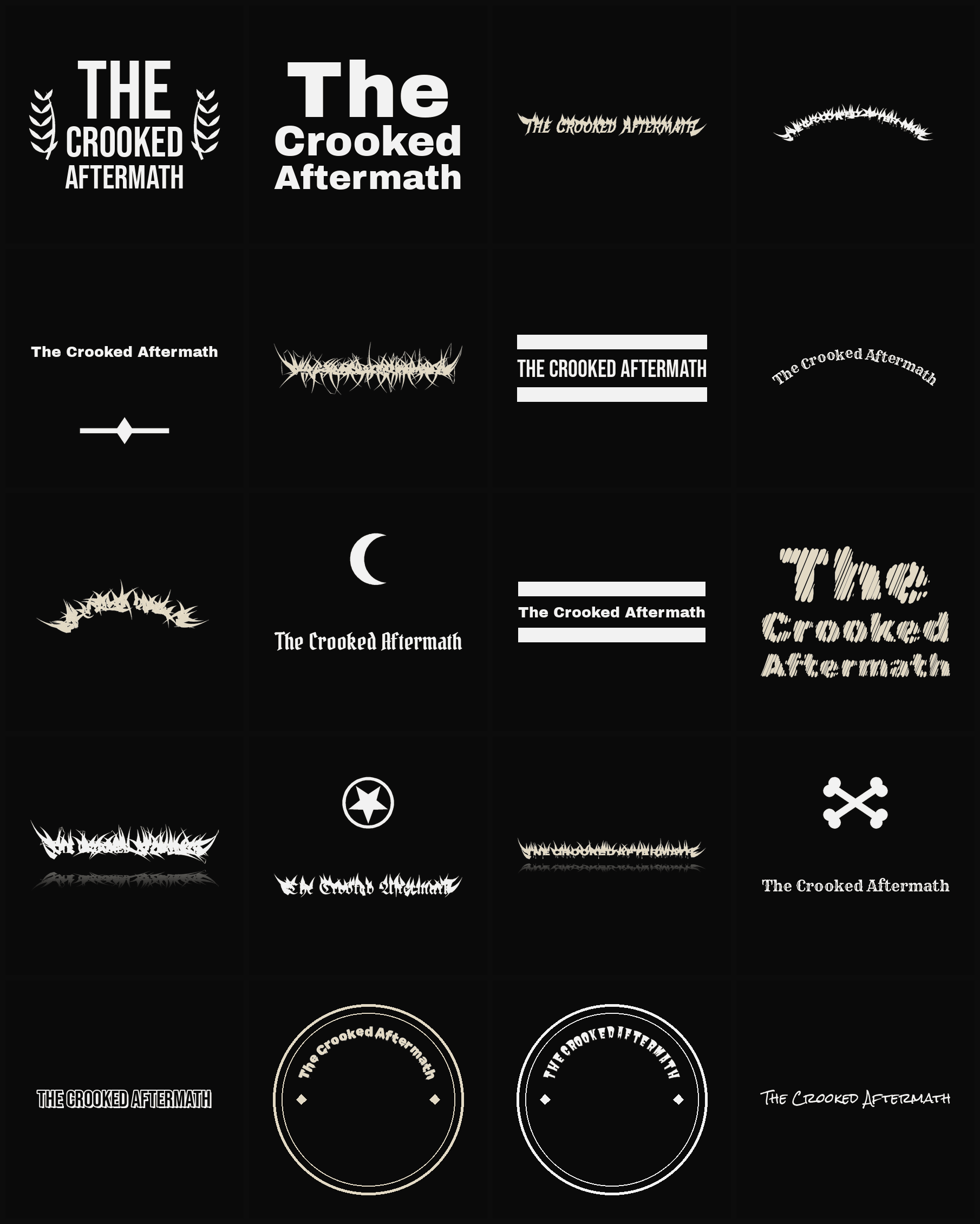 Twenty The Crooked Aftermath band logo ideas — different faces, treatments and spike settings