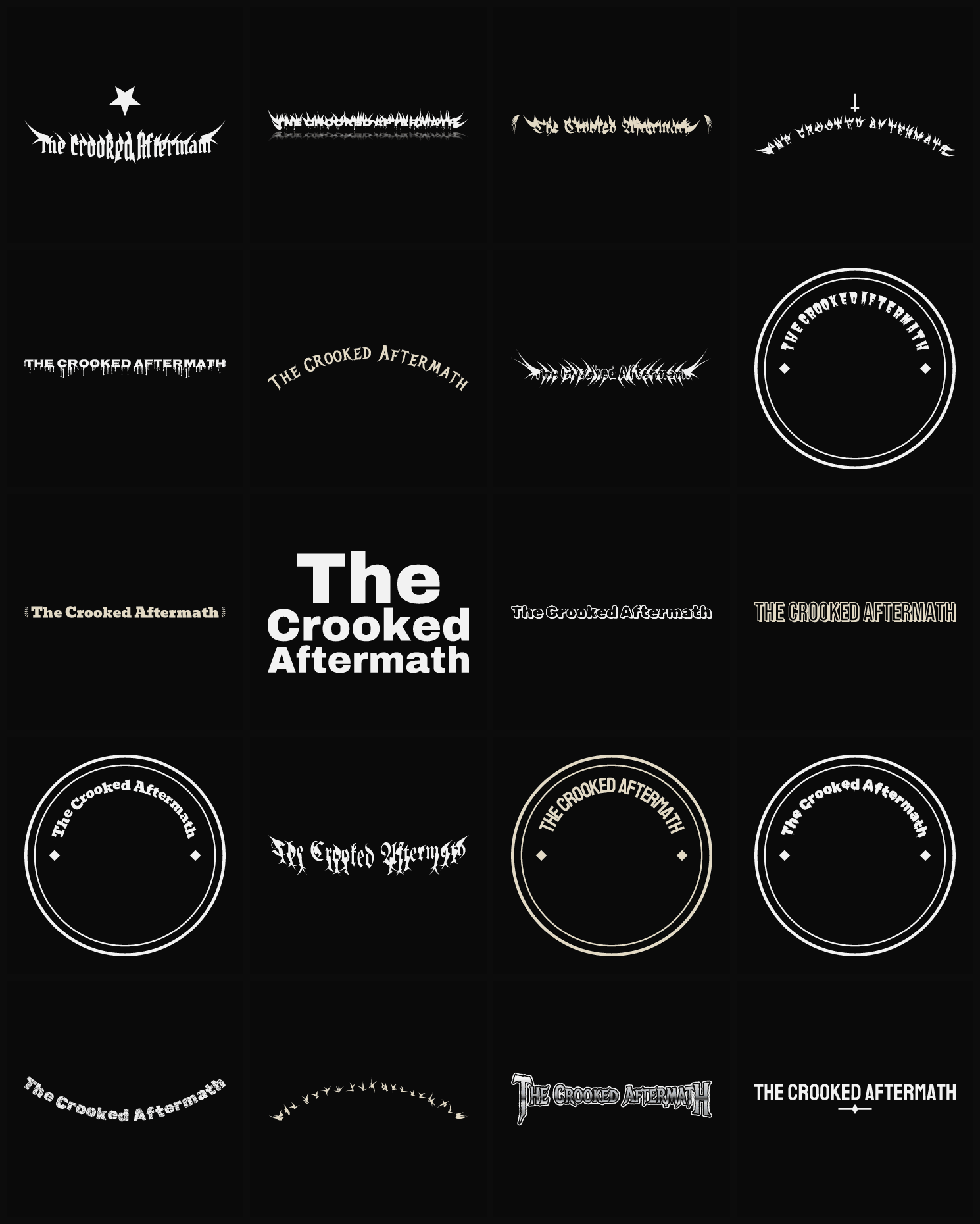 Twenty The Crooked Aftermath band logo ideas — different faces, treatments and spike settings