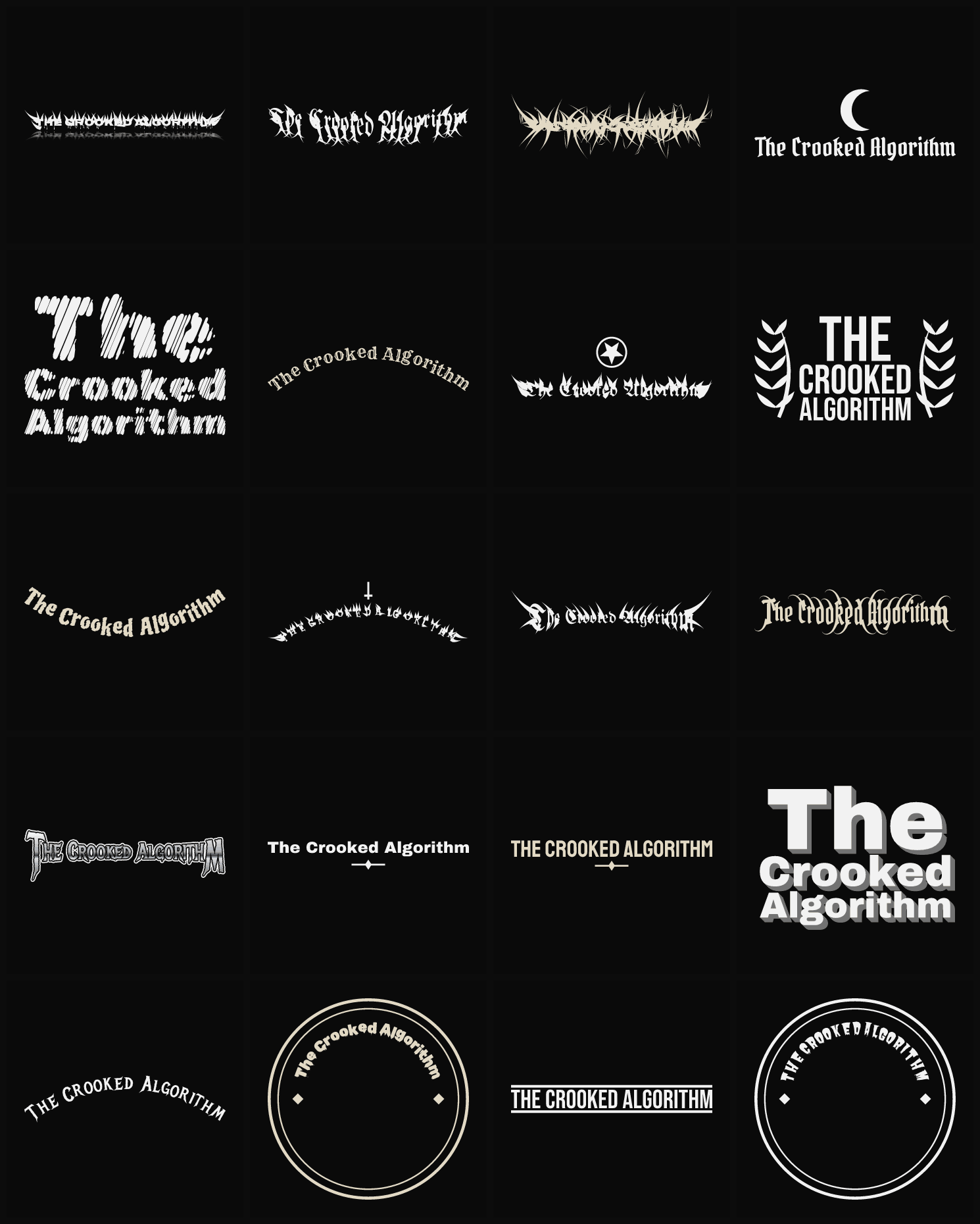 Twenty The Crooked Algorithm band logo ideas — different faces, treatments and spike settings