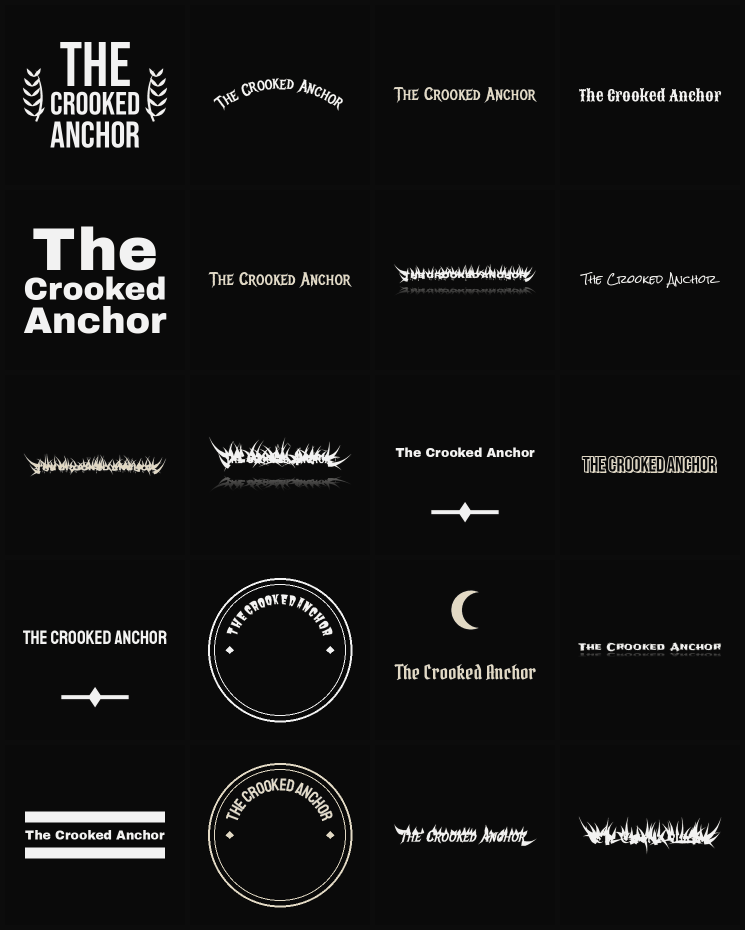 Twenty The Crooked Anchor band logo ideas — different faces, treatments and spike settings