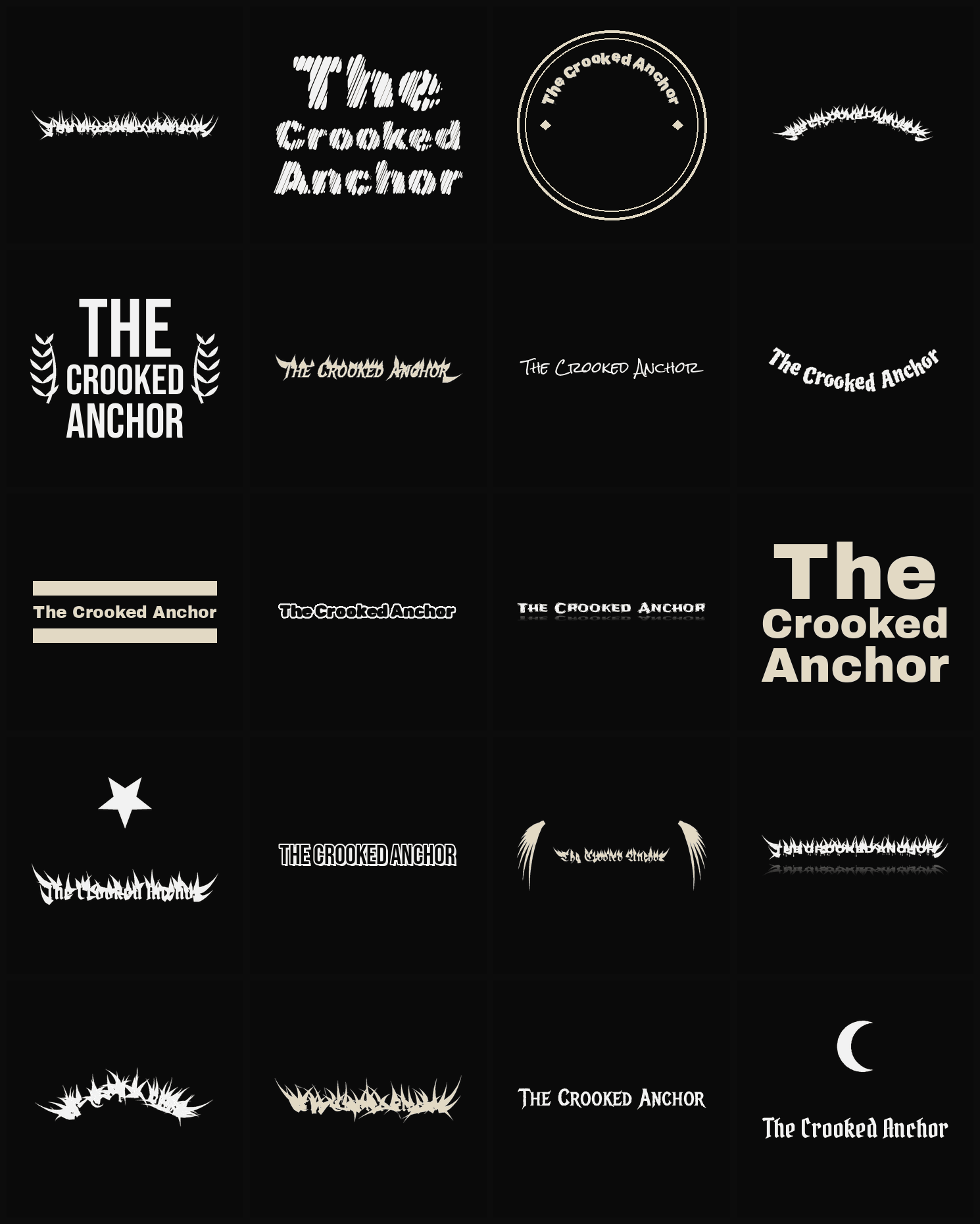 Twenty The Crooked Anchor band logo ideas — different faces, treatments and spike settings