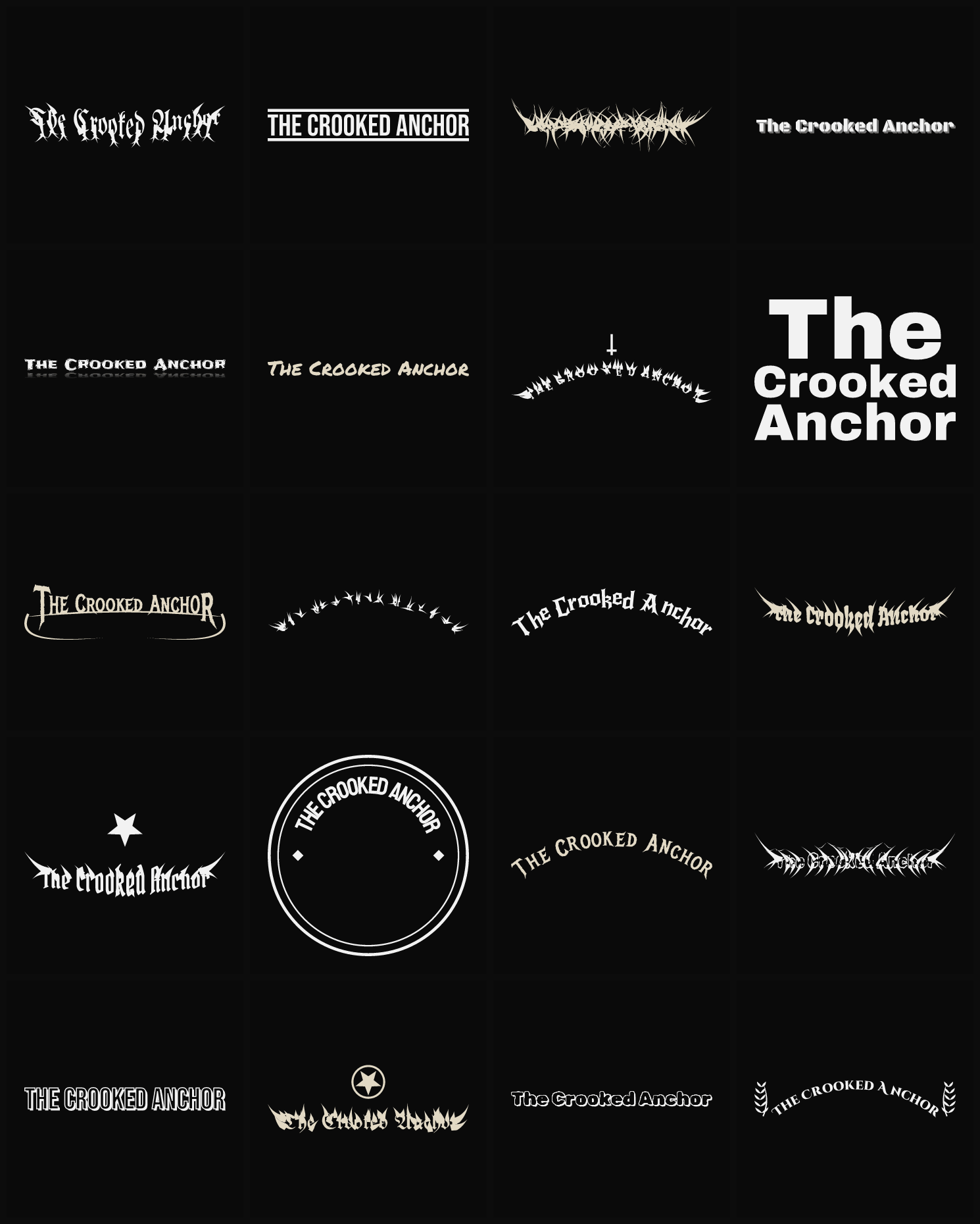 Twenty The Crooked Anchor band logo ideas — different faces, treatments and spike settings