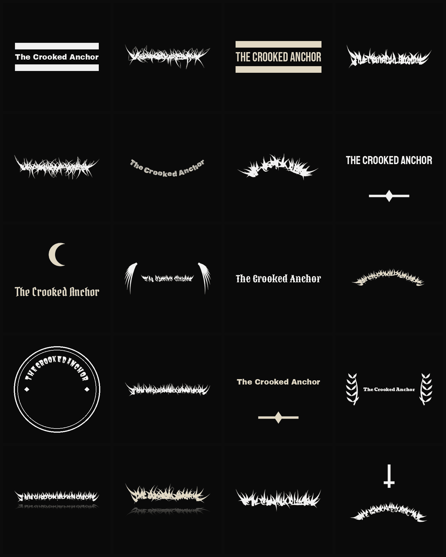 Twenty The Crooked Anchor band logo ideas — different faces, treatments and spike settings
