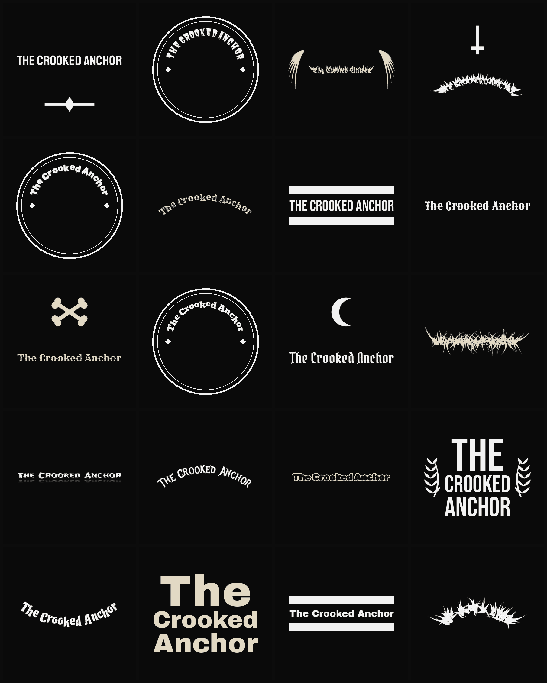 Twenty The Crooked Anchor band logo ideas — different faces, treatments and spike settings