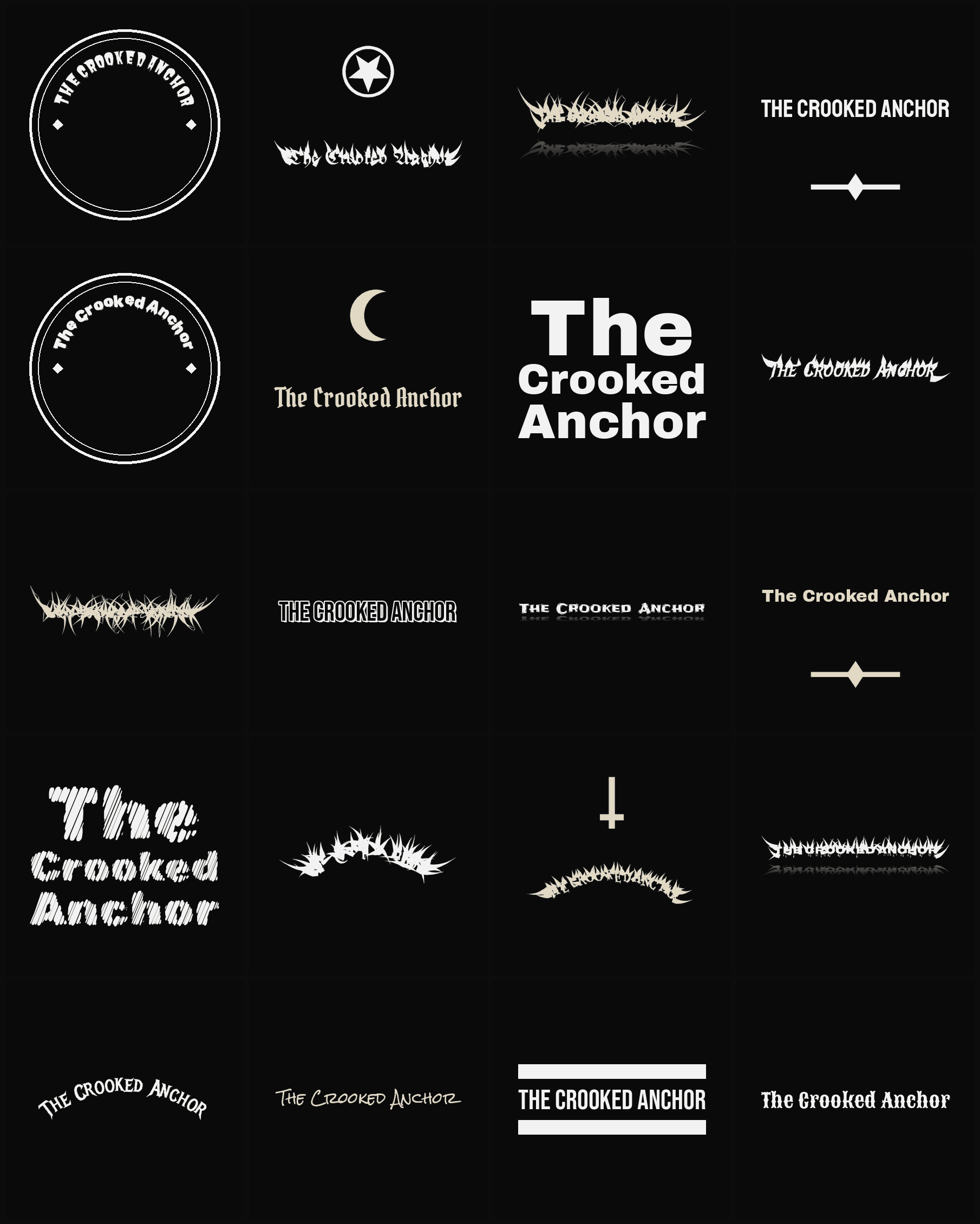Twenty The Crooked Anchor band logo ideas — different faces, treatments and spike settings