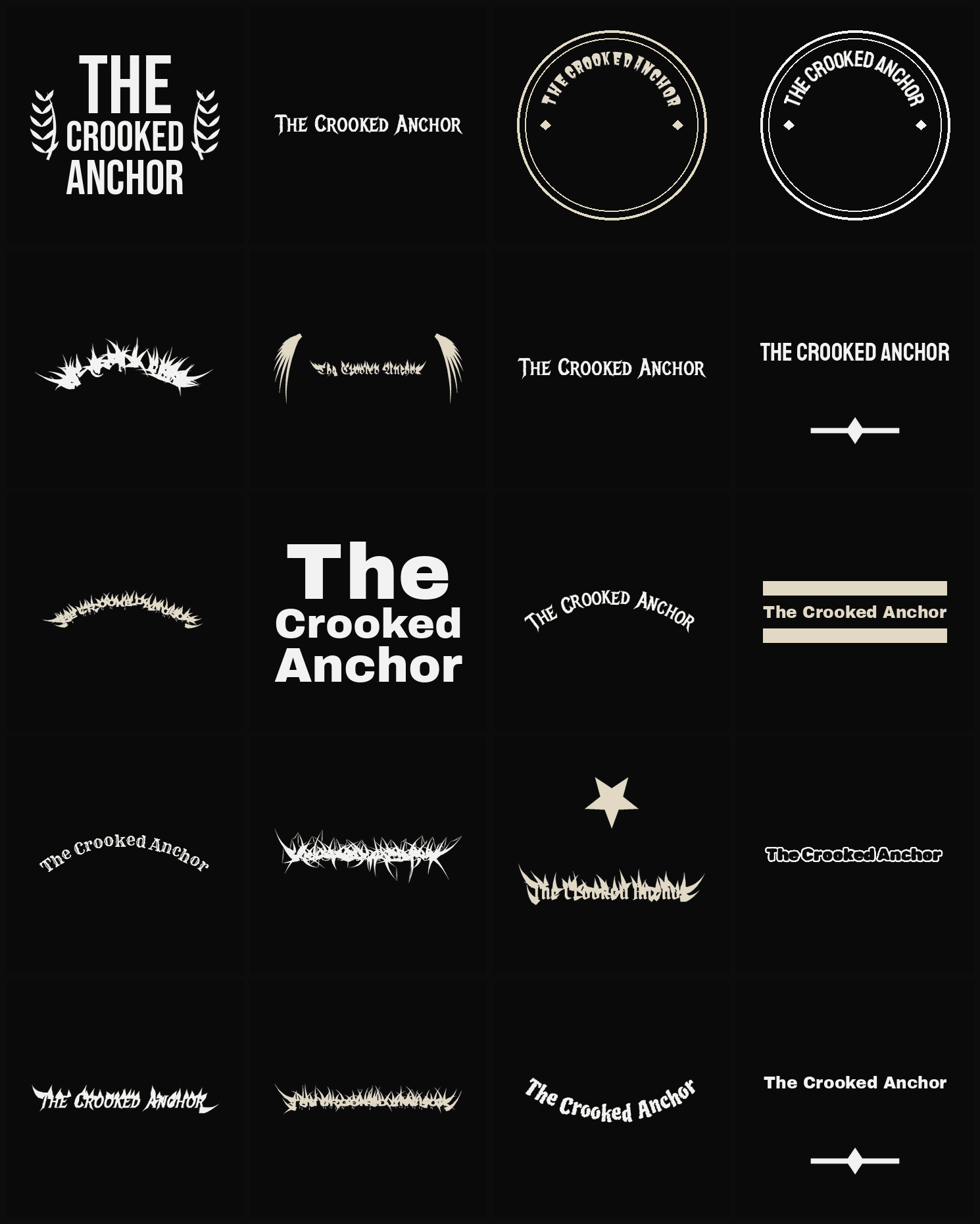 Twenty The Crooked Anchor band logo ideas — different faces, treatments and spike settings